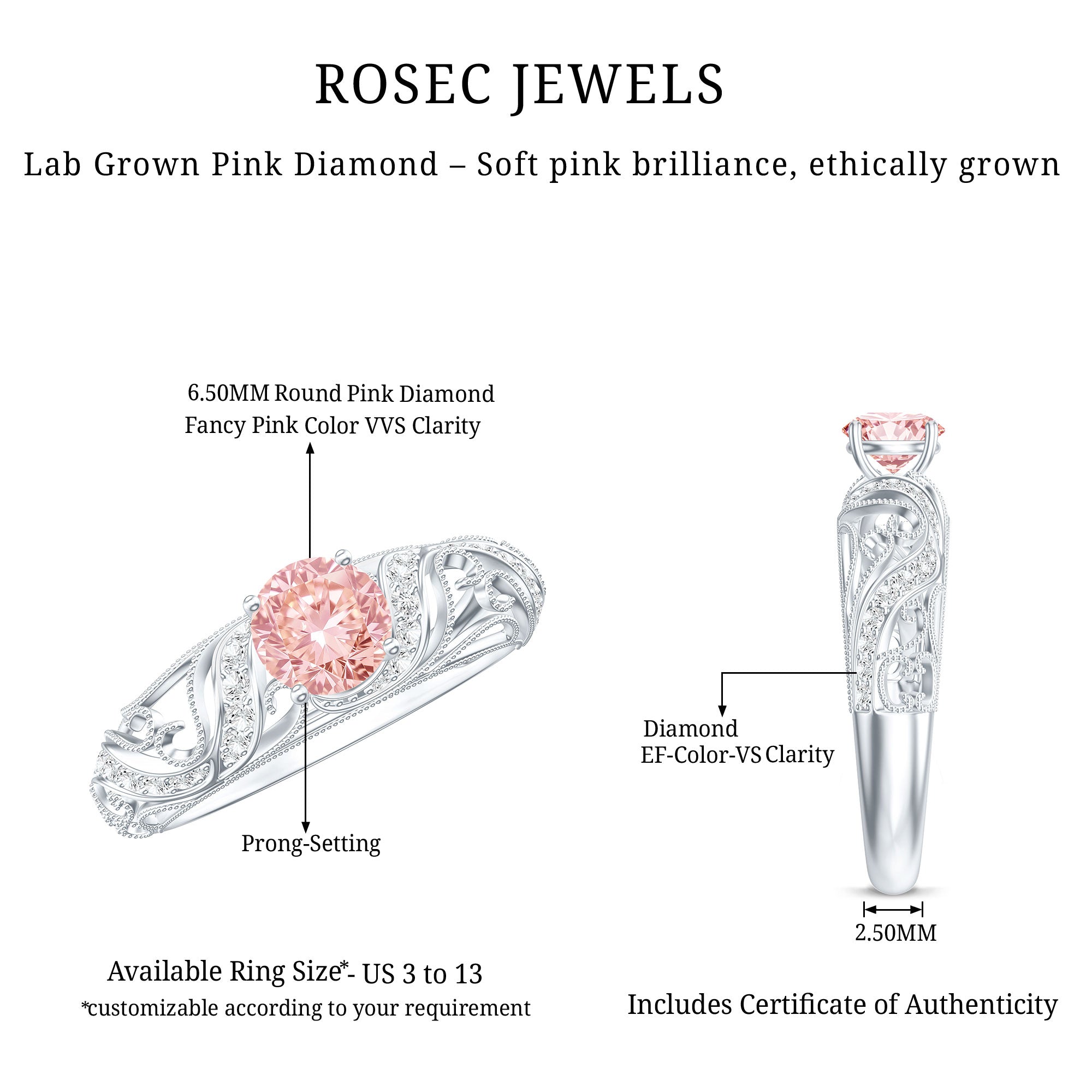 Lab Grown Pink Diamond Vintage Inspired Engagement Ring IGI Certified Fancy Pink - VS1 - Rosec Jewels