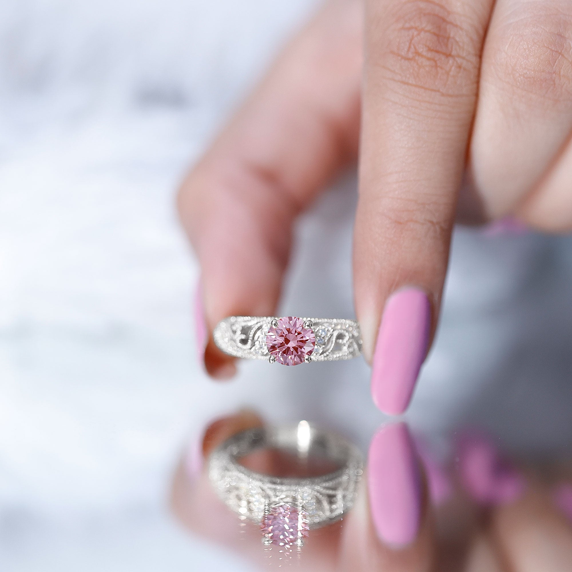 Lab Grown Pink Diamond Vintage Inspired Engagement Ring IGI Certified Fancy Pink - VS1 - Rosec Jewels