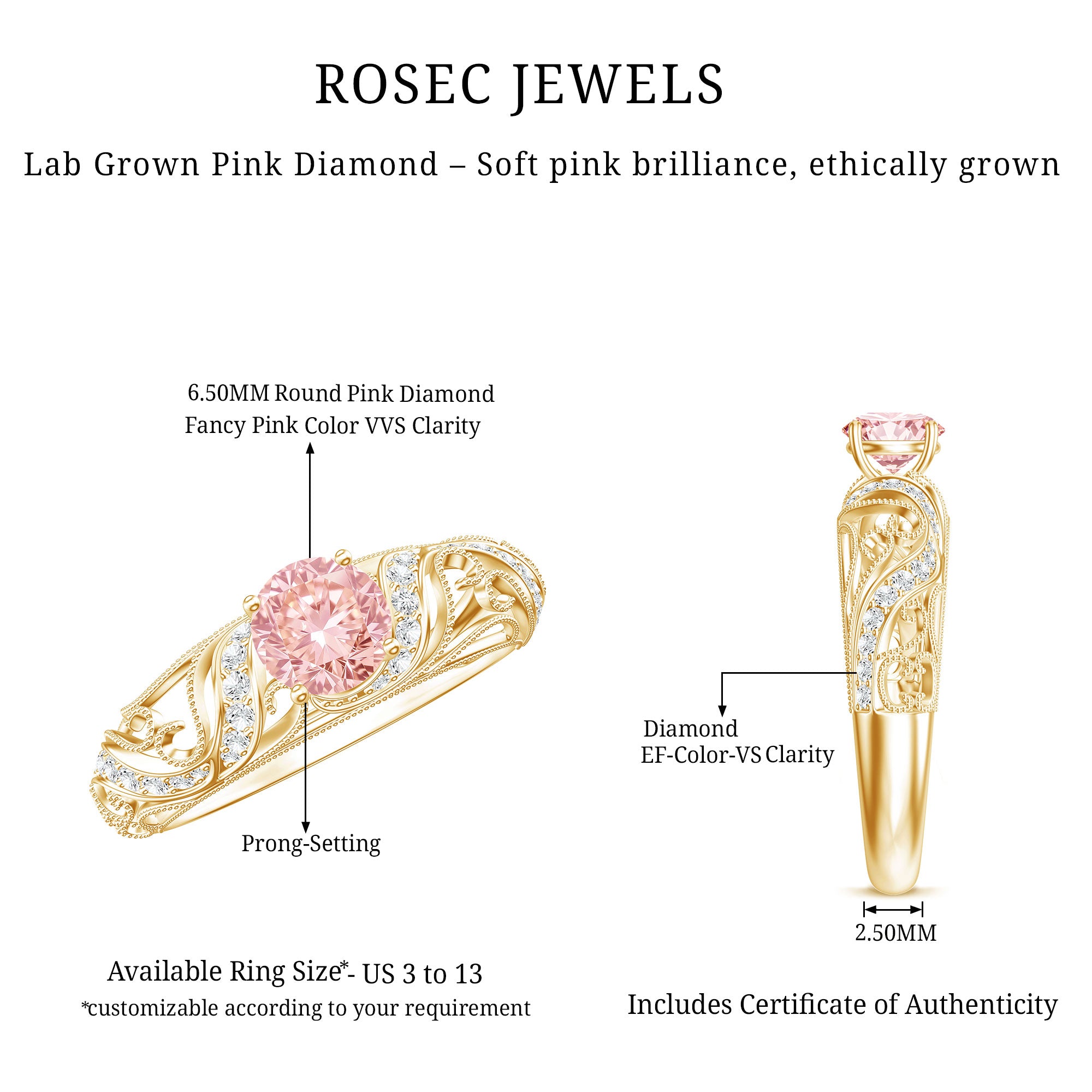 Lab Grown Pink Diamond Vintage Inspired Engagement Ring IGI Certified Fancy Pink - VS1 - Rosec Jewels