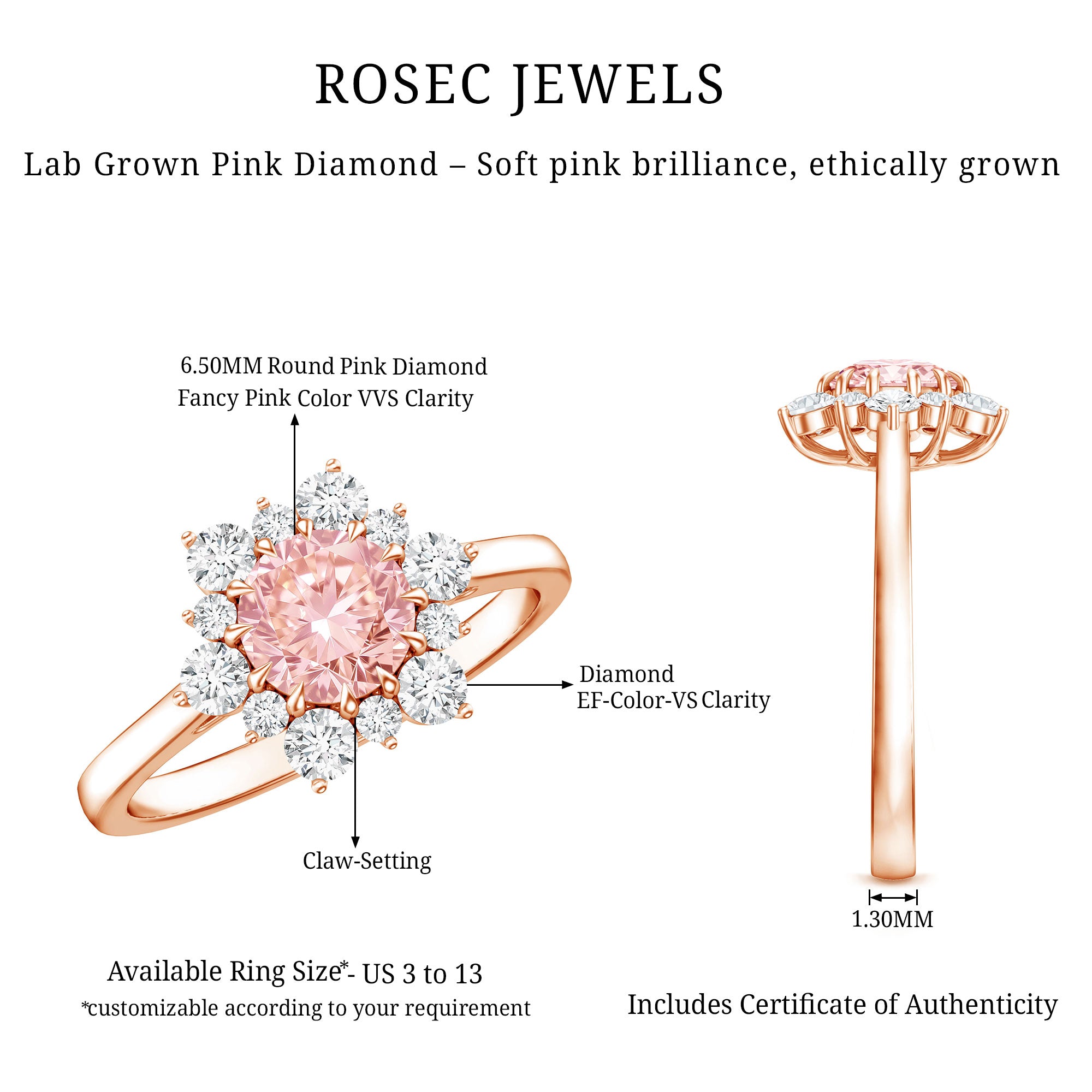 IGI Certified 1 CT Lab Grown Pink and White Diamond Halo Engagement Ring E-VS1 - Rosec Jewels