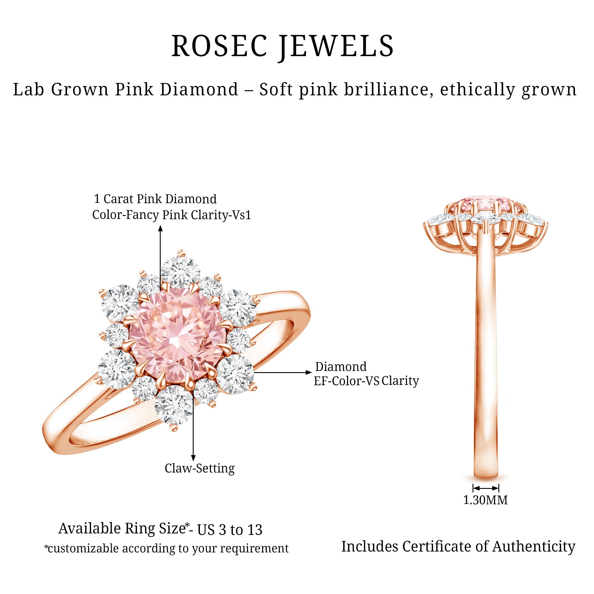 IGI Certified 1 CT Lab Grown Pink and White Diamond Halo Engagement Ring Fancy Pink - VS1 - Rosec Jewels
