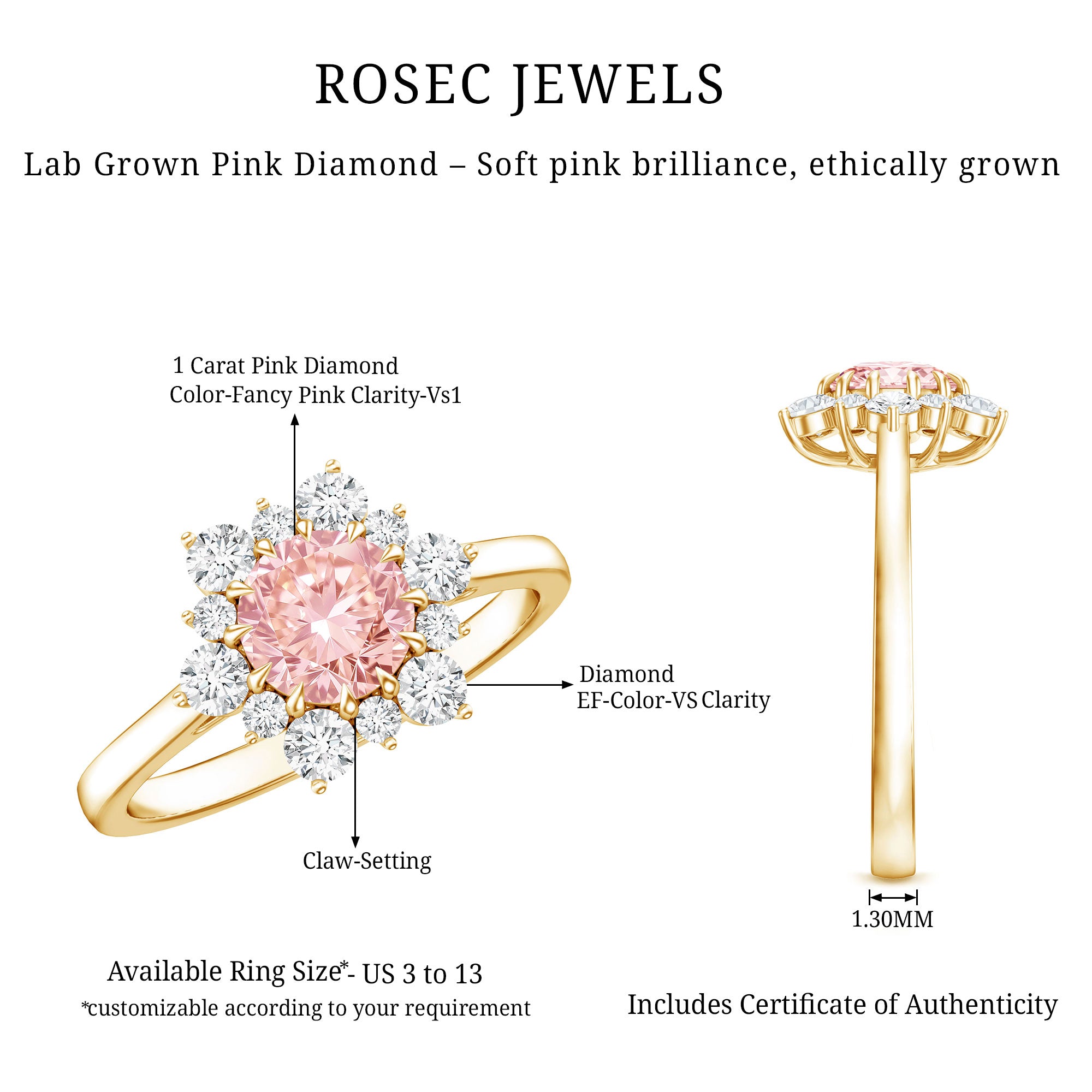 IGI Certified 1 CT Lab Grown Pink and White Diamond Halo Engagement Ring Fancy Pink - VS1 - Rosec Jewels