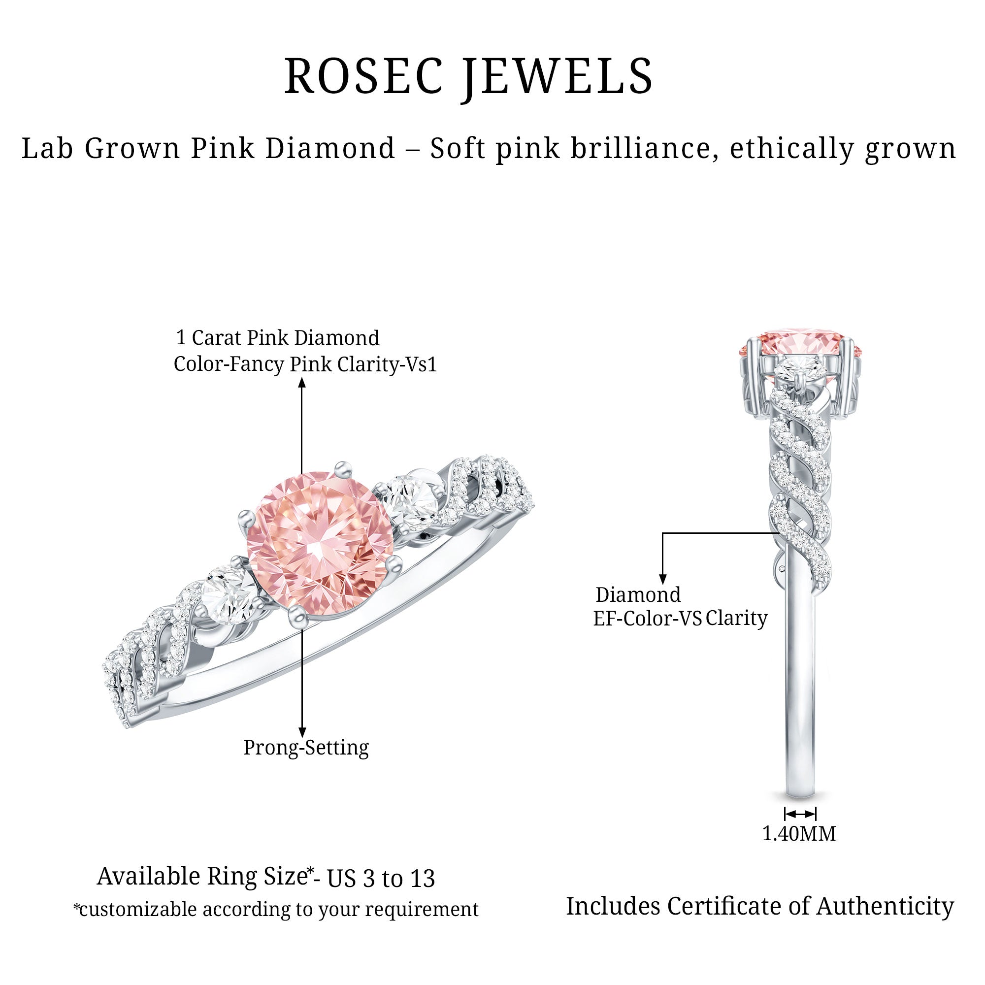 Lab Grown Fancy Pink Diamond Engagement Ring with IGI Certificate Fancy Pink - VS1 - Rosec Jewels