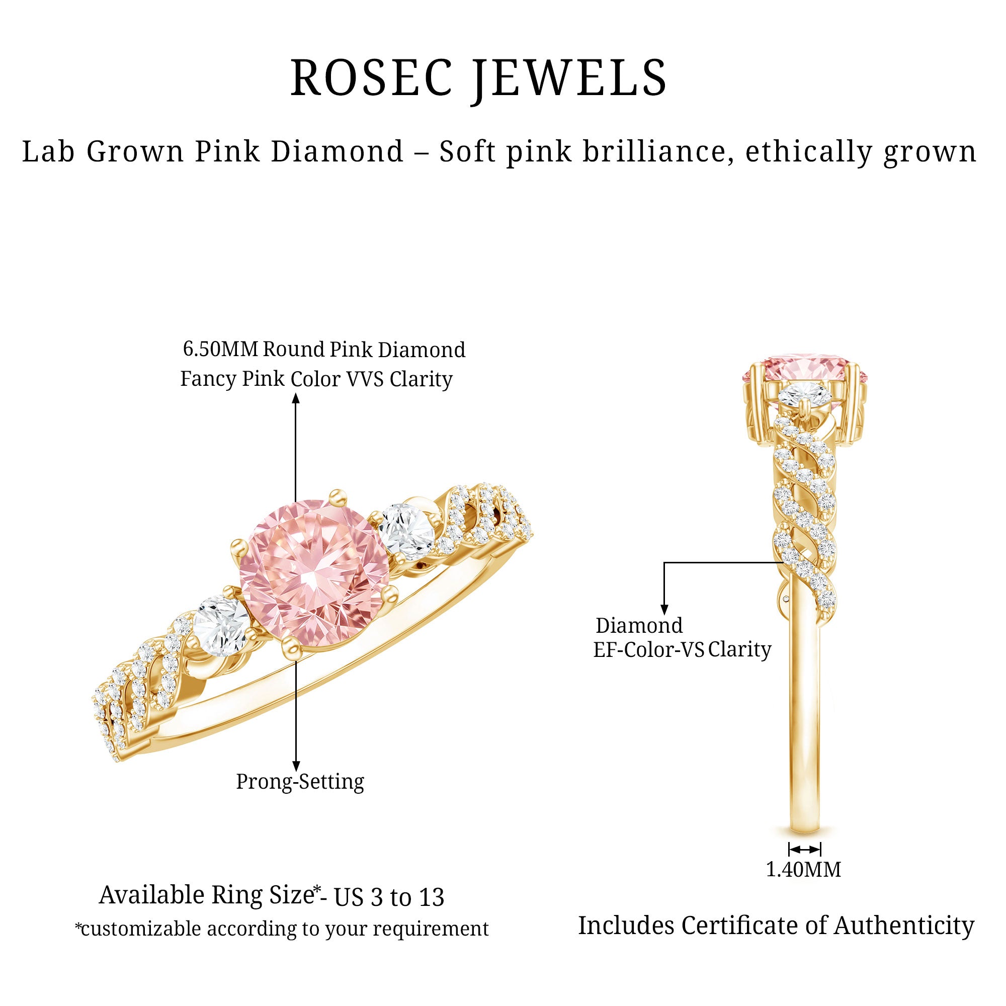 Lab Grown Fancy Pink Diamond Engagement Ring with IGI Certificate E-VS1 - Rosec Jewels