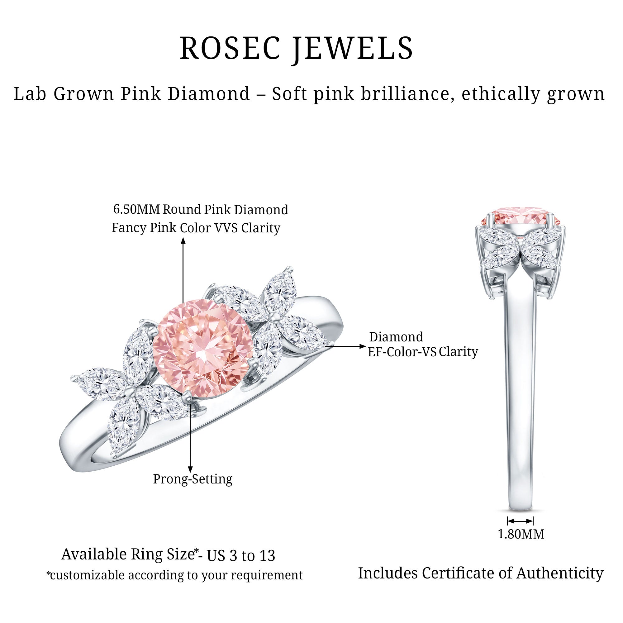 IGI Certified Lab Grown Pink White Diamond Flower Engagement Ring E-VS1 - Rosec Jewels