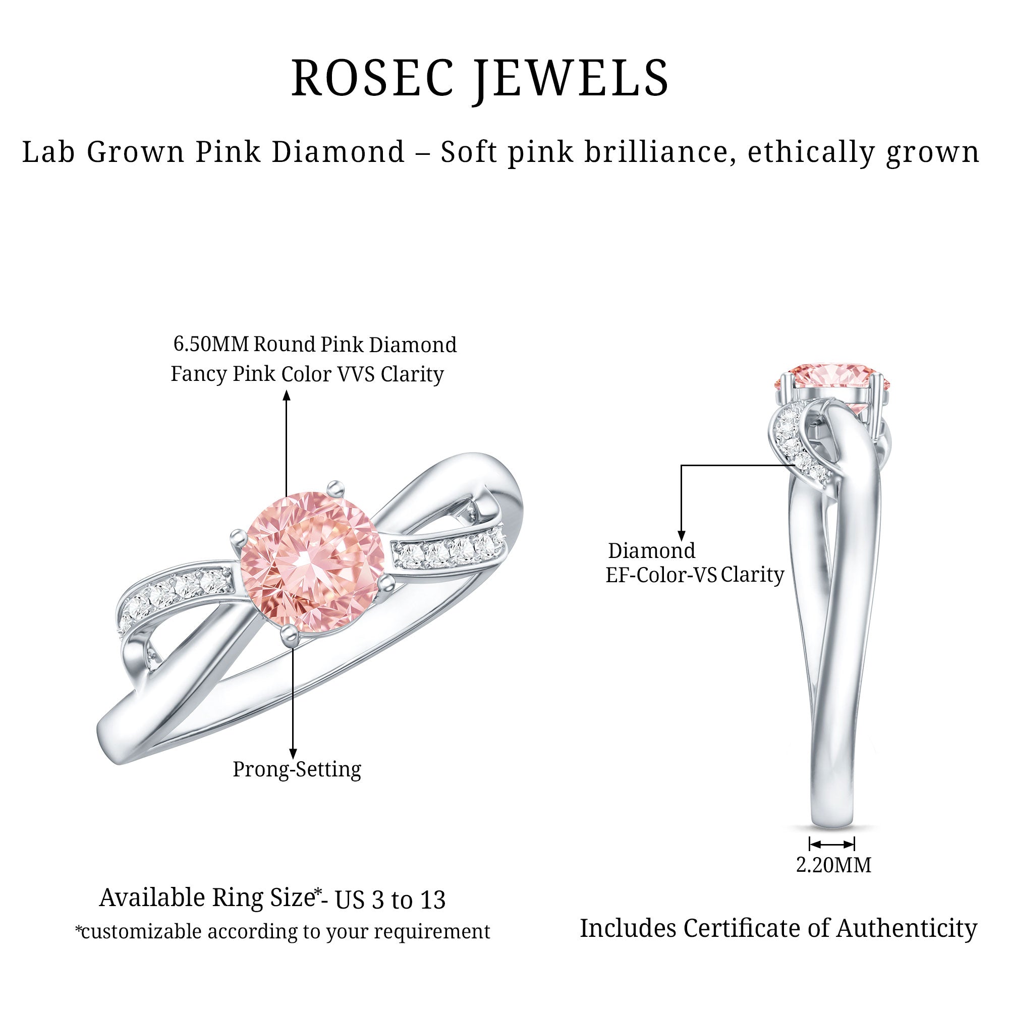 IGI Certified Lab Grown Pink Diamond Classic Engagement Ring E-VS1 - Rosec Jewels