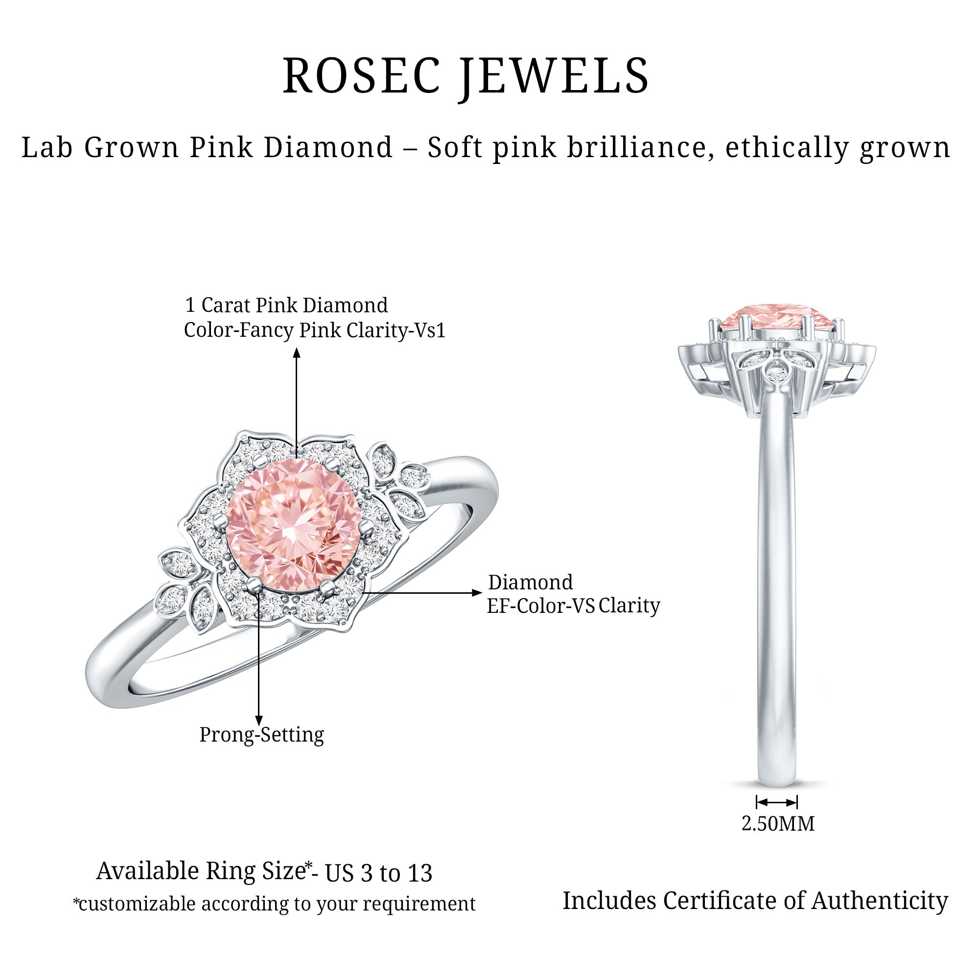 Pink and White Lab Grown Diamond Designer Engagement Ring with IGI Certificate Fancy Pink - VS1 - Rosec Jewels