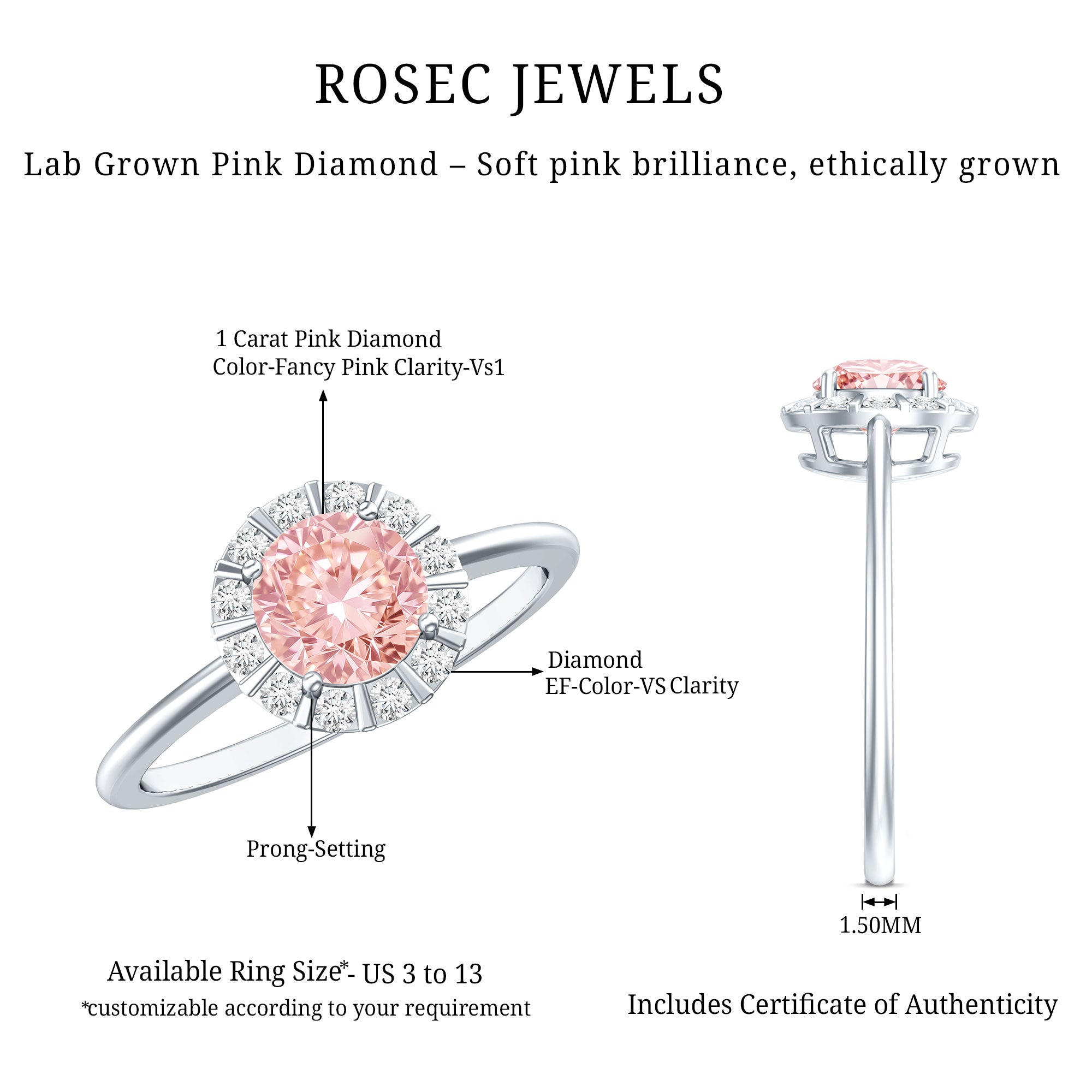 Fancy Intense Pink Lab Grown Diamond Halo Engagement Ring with IGI Certificate Fancy Pink - VS1 - Rosec Jewels