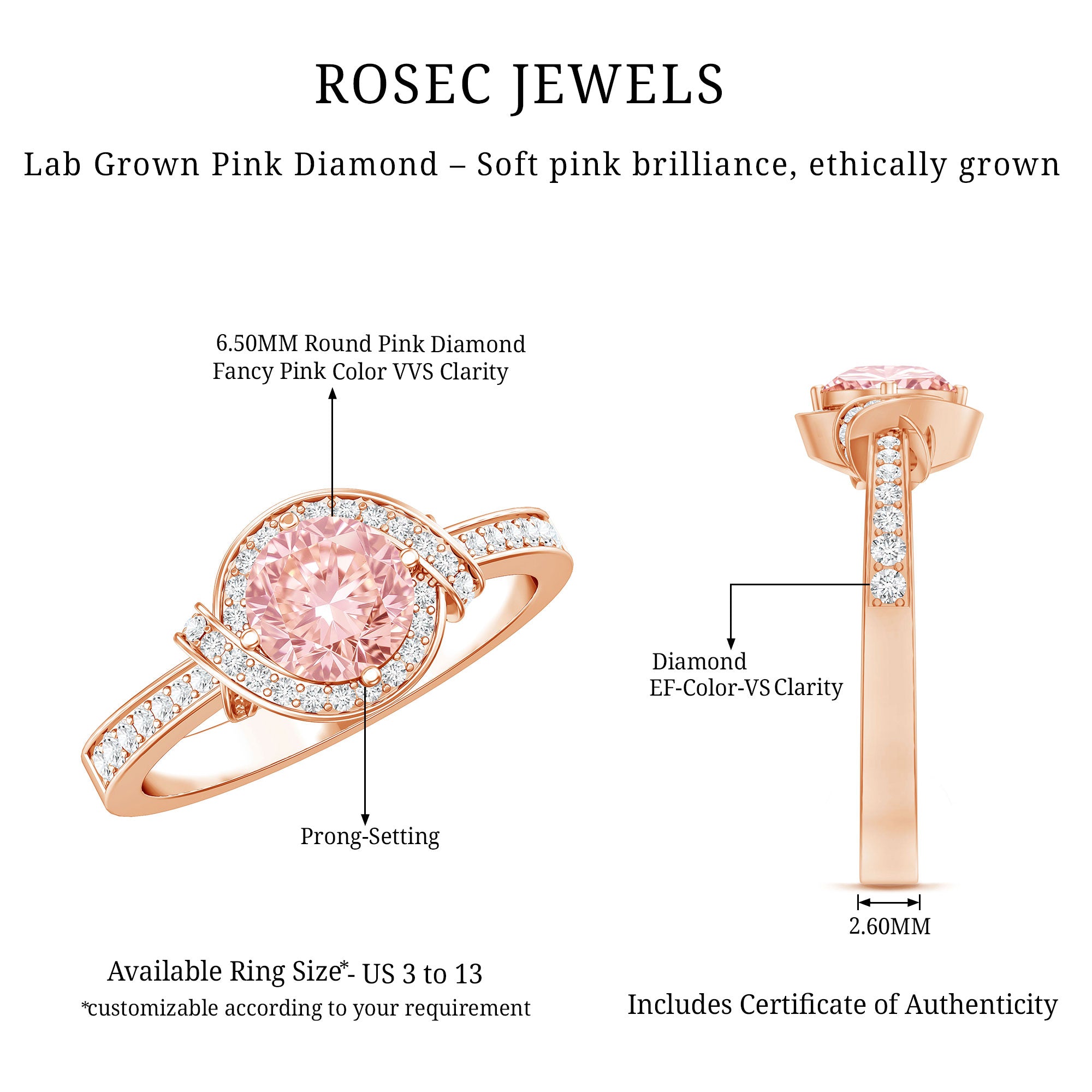 IGI Certified Lab Grown Pink Diamond Halo Engagement Ring for Women Fancy Pink - VS1 - Rosec Jewels