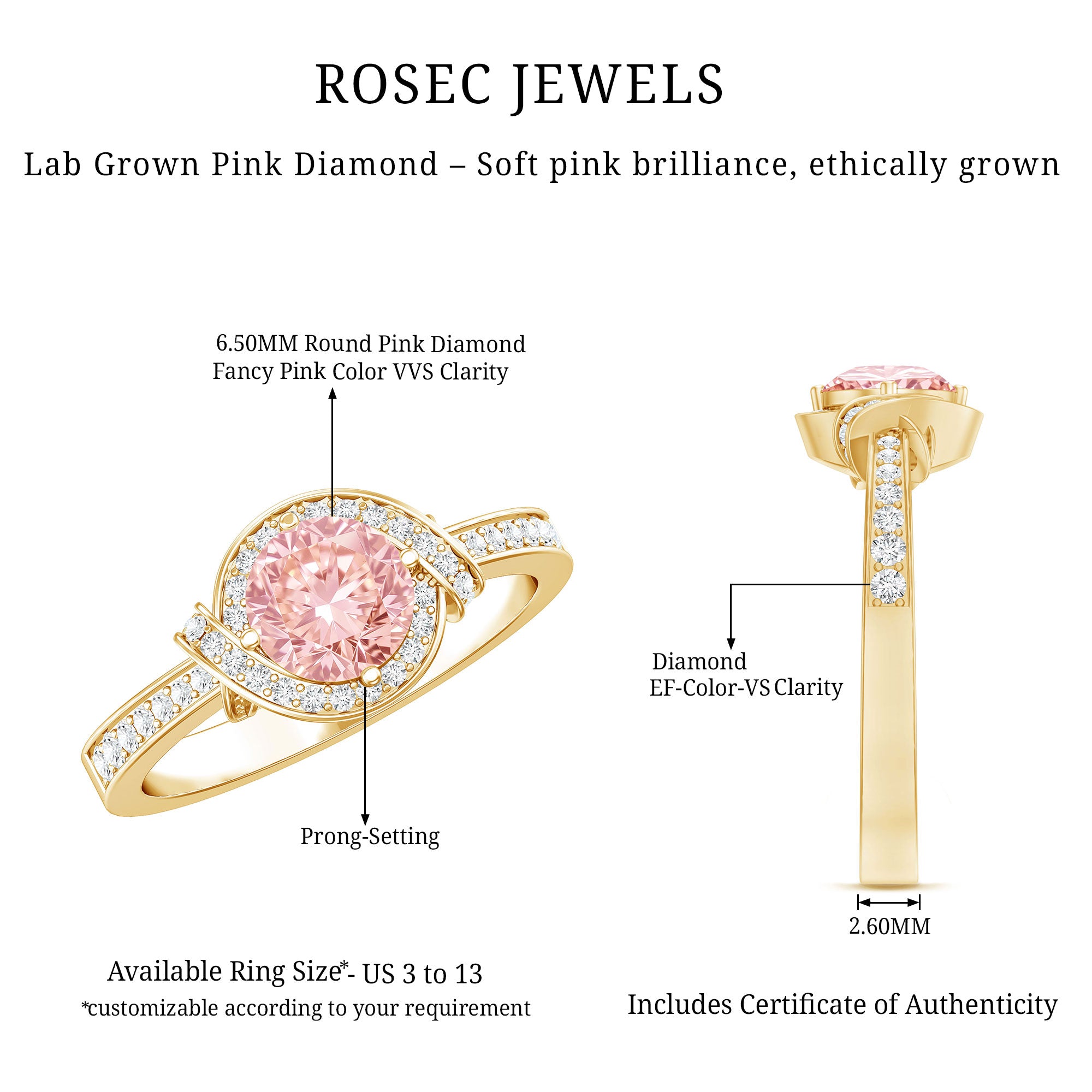 IGI Certified Lab Grown Pink Diamond Halo Engagement Ring for Women E-VS1 - Rosec Jewels