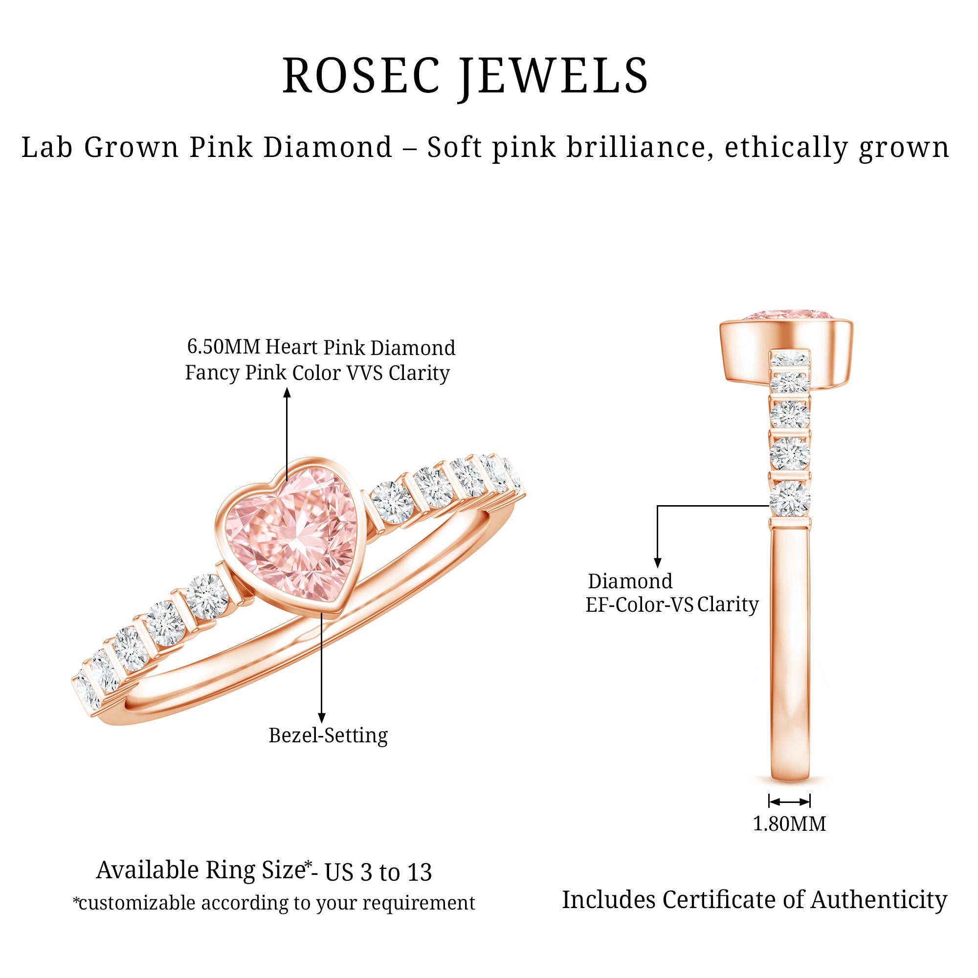 IGI Certified 1 CT Lab Grown Pink Diamond Heart Engagement Ring with Side Stones E-VS1 - Rosec Jewels