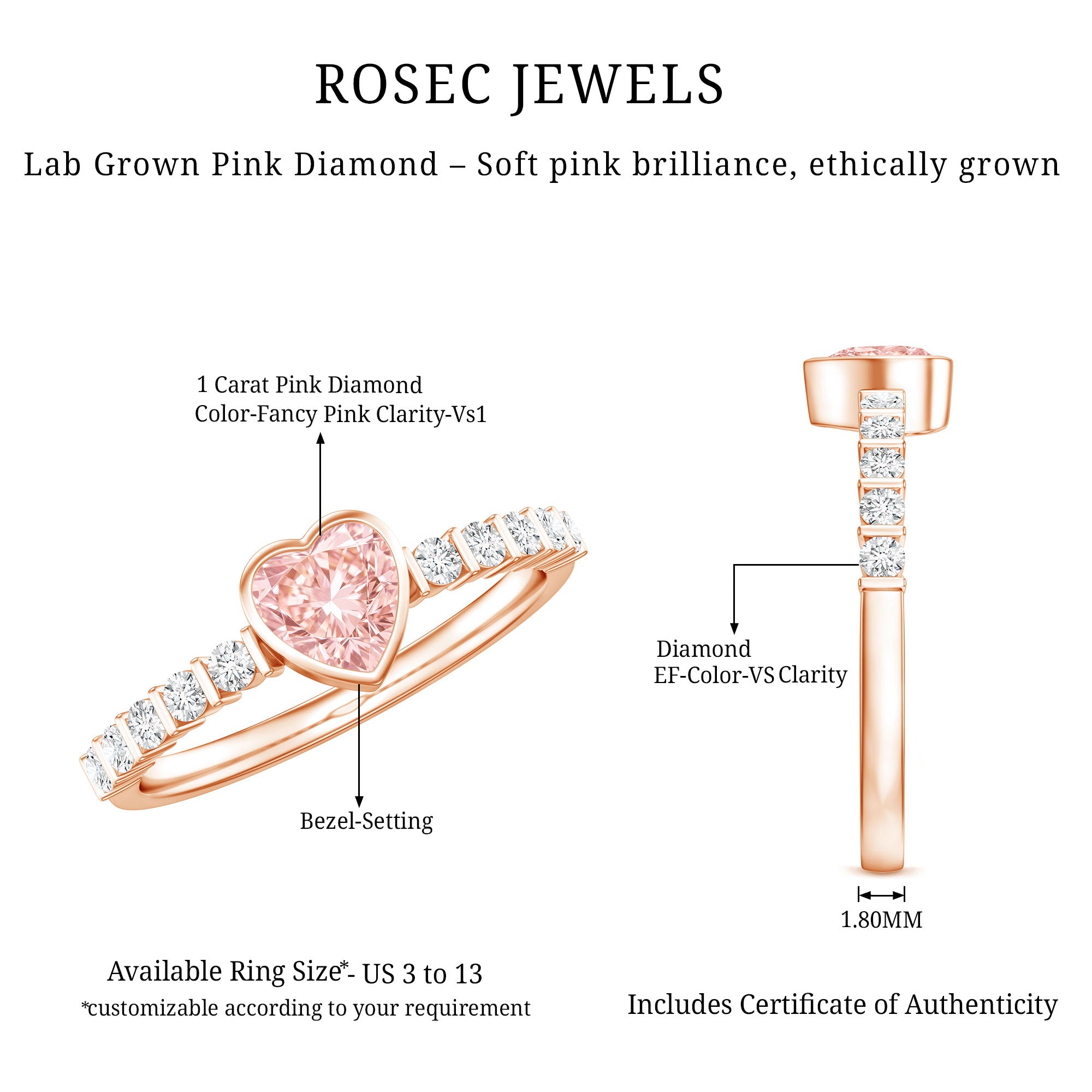 IGI Certified 1 CT Lab Grown Pink Diamond Heart Engagement Ring with Side Stones Fancy Pink - VS1 - Rosec Jewels