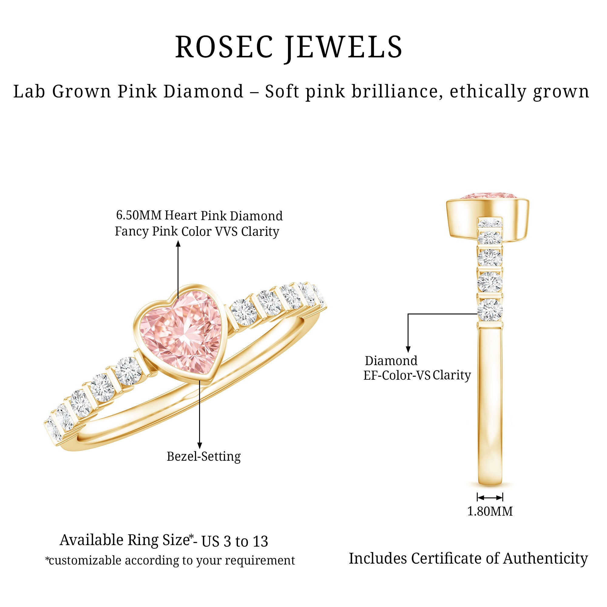 IGI Certified 1 CT Lab Grown Pink Diamond Heart Engagement Ring with Side Stones E-VS1 - Rosec Jewels