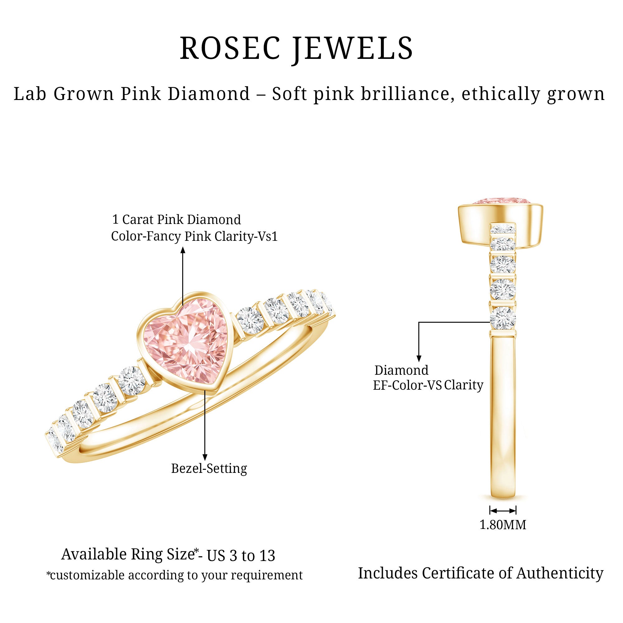 IGI Certified 1 CT Lab Grown Pink Diamond Heart Engagement Ring with Side Stones Fancy Pink - VS1 - Rosec Jewels