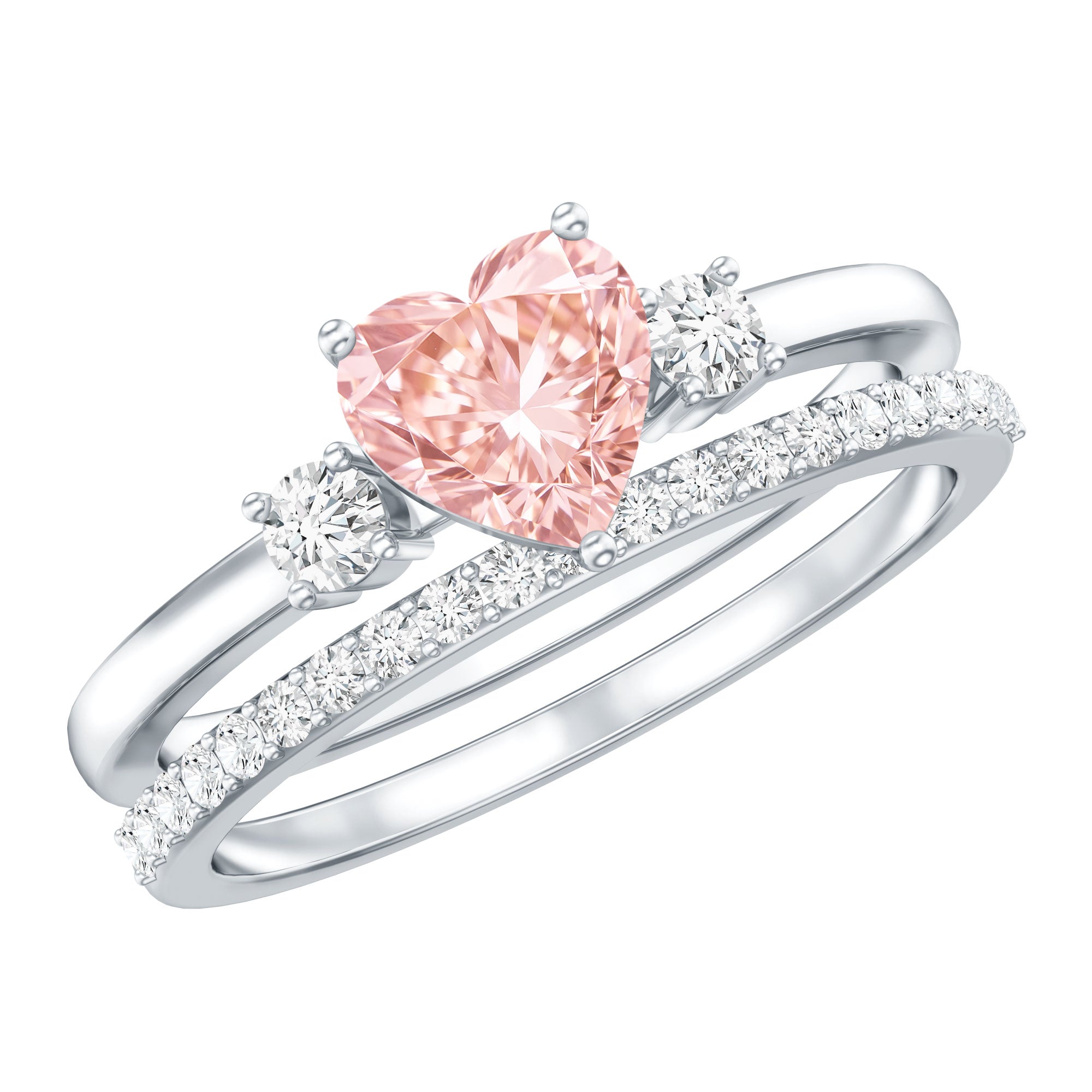 IGI Certified Lab Grown Pink Heart Engagement Ring With Diamond Wedding Band E-VS1 - Rosec Jewels