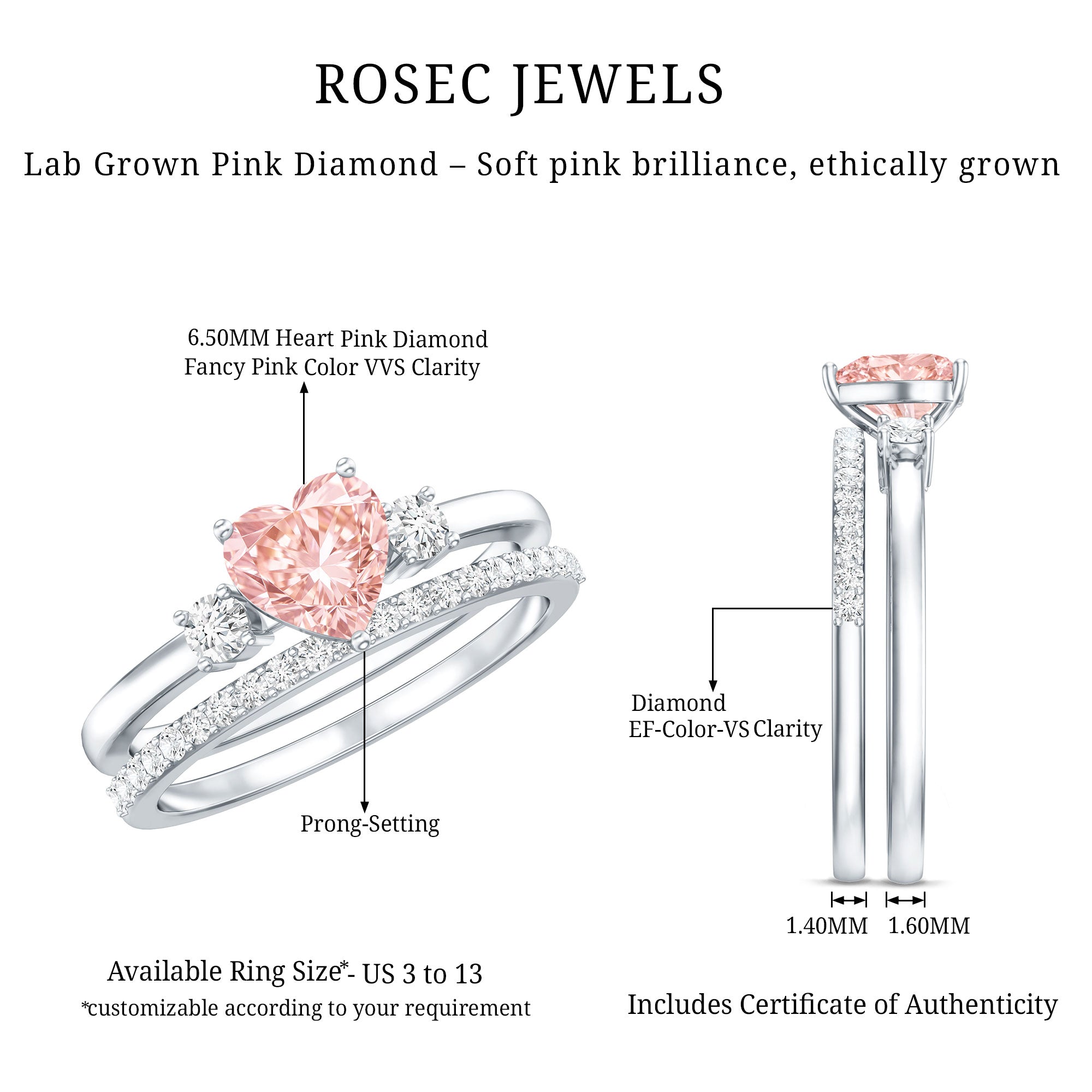 IGI Certified Lab Grown Pink Heart Engagement Ring With Diamond Wedding Band E-VS1 - Rosec Jewels