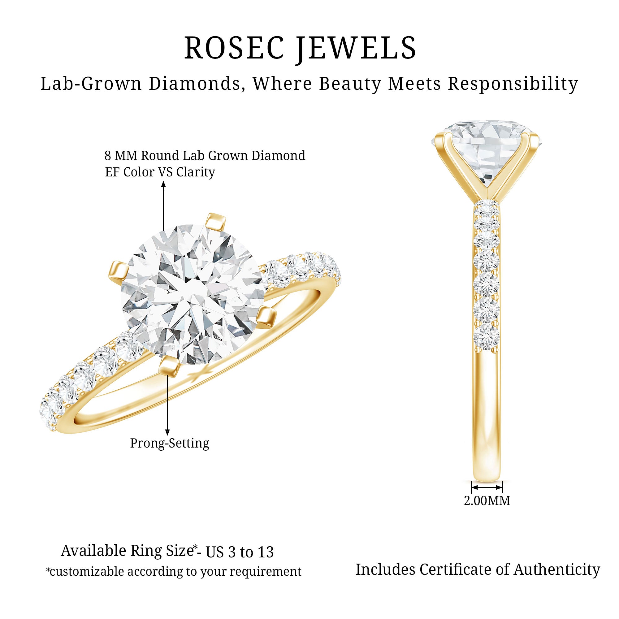Solitaire 2 Carat Lab Grown Diamond Engagement Ring with IGI Certificate Lab - ( E-VS1 ) - Rosec Jewels