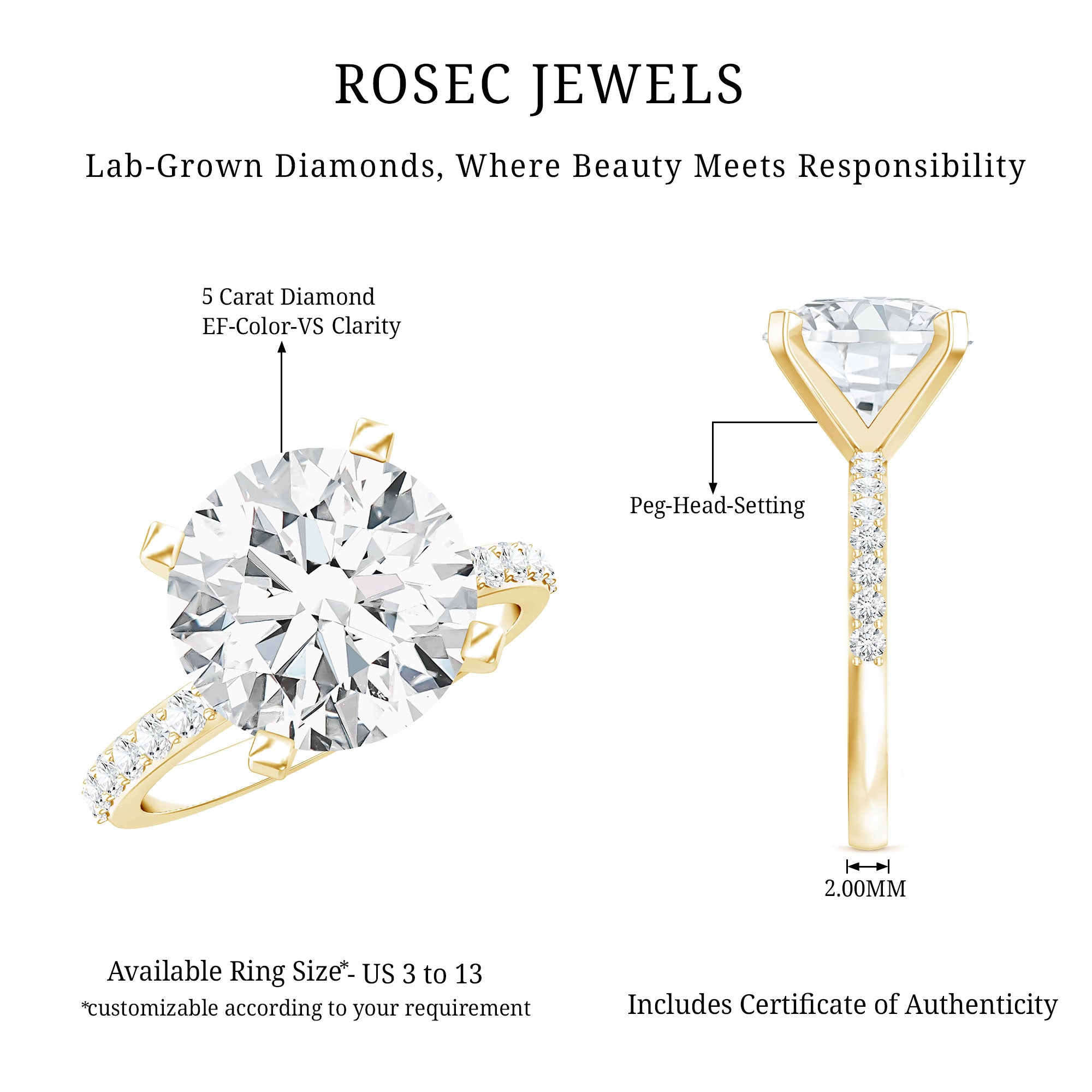 5 Carat Lab Grown IGI Certified Diamond Huge Engagement Ring Lab - ( E-VS1 ) - Rosec Jewels