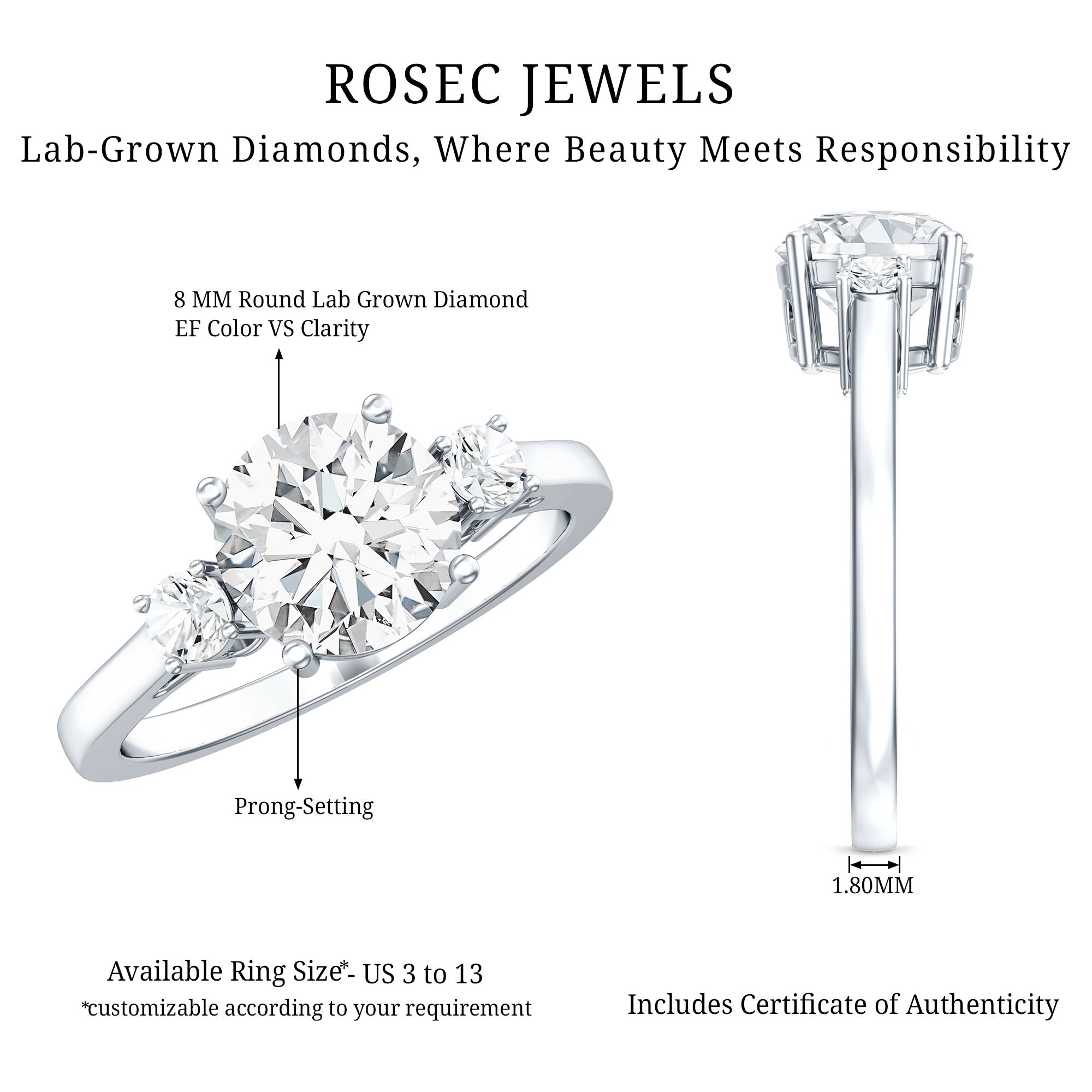 IGI Certified Round Cut Lab Grown Diamond 2 Carat Engagement Ring Lab - ( E-VS1 ) - Rosec Jewels