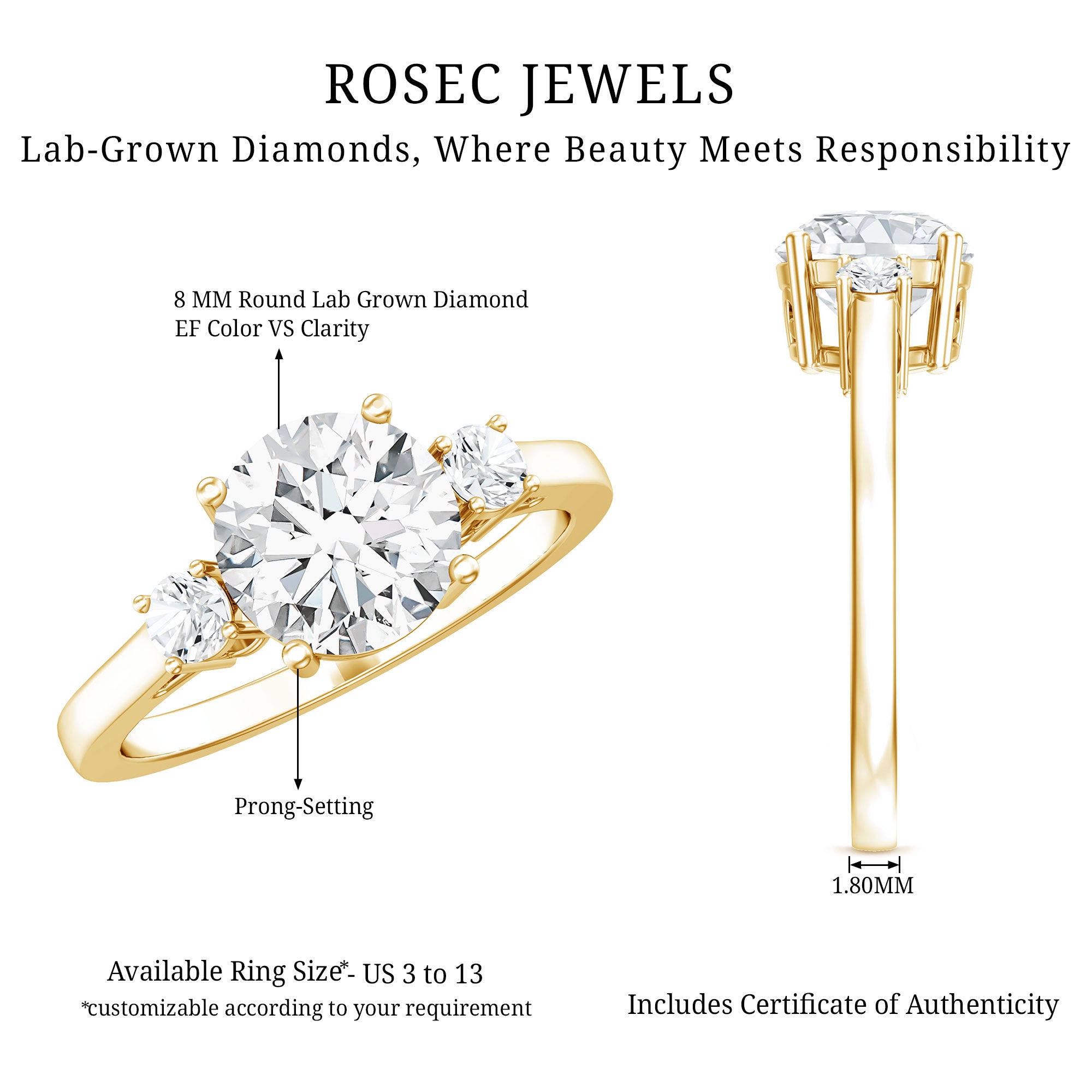 IGI Certified Round Cut Lab Grown Diamond 2 Carat Engagement Ring Lab - ( E-VS1 ) - Rosec Jewels