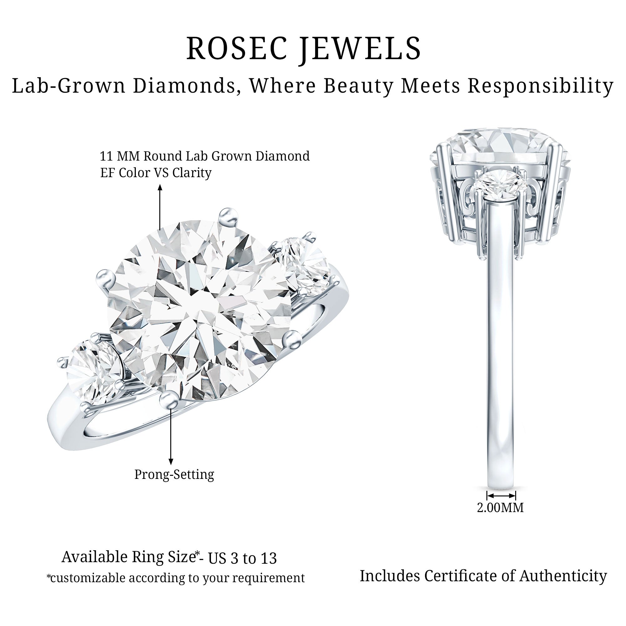 5 Carat Lab Grown Diamond 3 Stone Engagement Ring with IGI Certificate Lab - ( EF-VS ) - Rosec Jewels