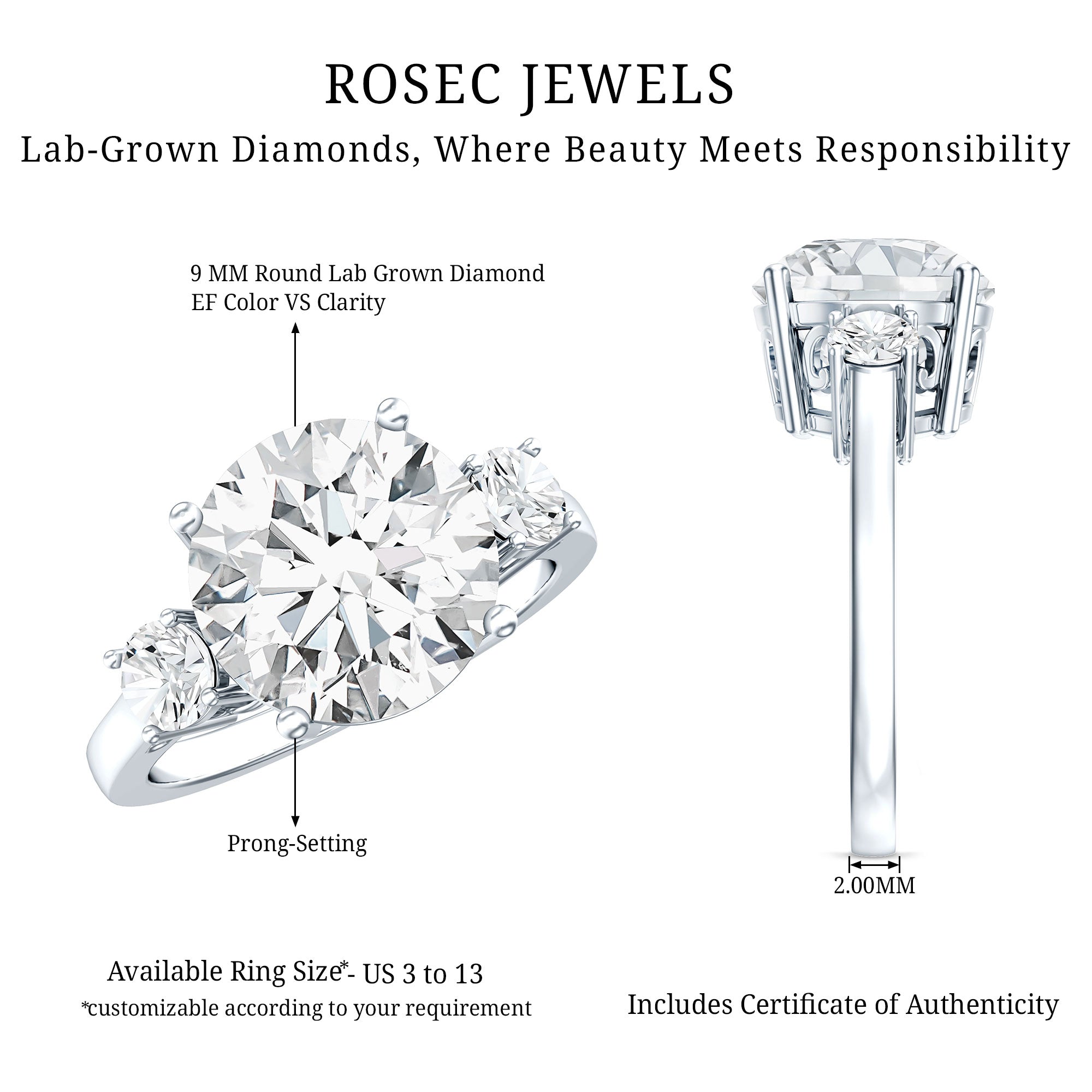 Rosec Jewels-IGI Certified 3 CT Lab Grown Diamond Engagement Ring