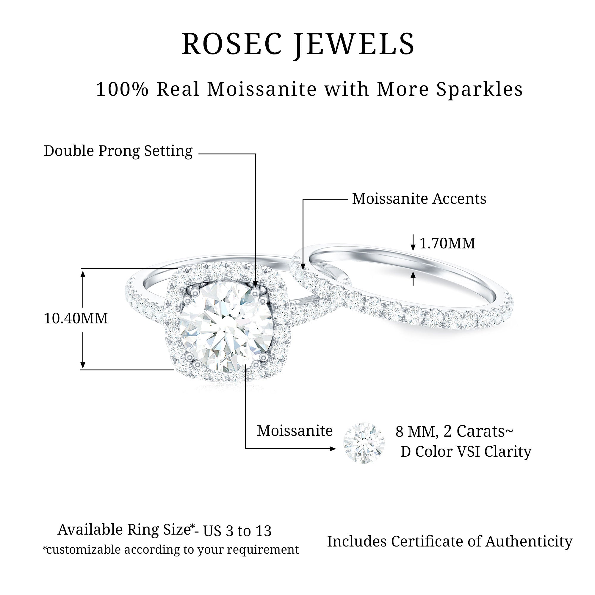 3.25 CT Round Certified Moissanite Wedding Silver Ring Set with Halo - Rosec Jewels