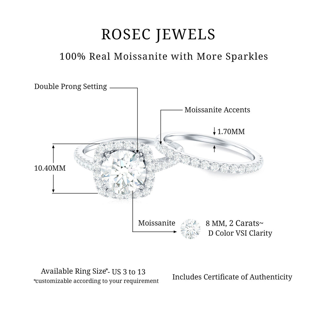3.25 CT Round Certified Moissanite Wedding Ring Set with Halo Moissanite - ( D-VS1 ) - Color and Clarity - Rosec Jewels