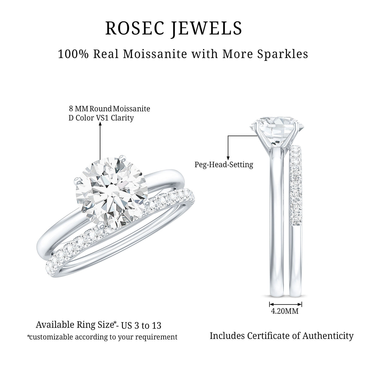 Round Shape Moissanite Solitaire Wedding Ring Set D-VS1 - Rosec Jewels