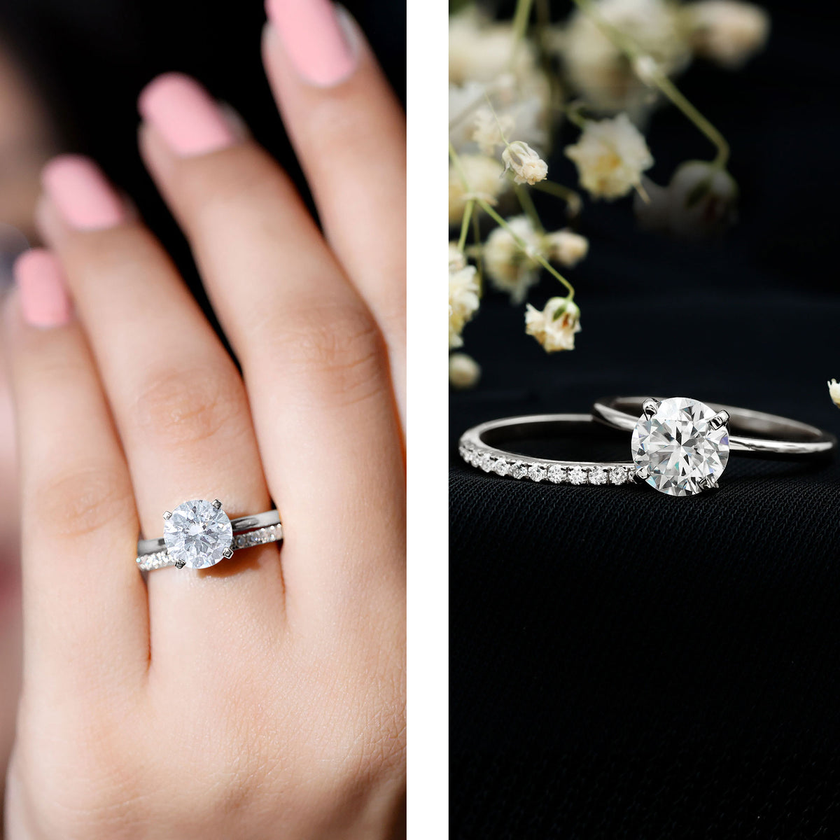 Round Shape Moissanite Solitaire Wedding Ring Set D-VS1 - Rosec Jewels