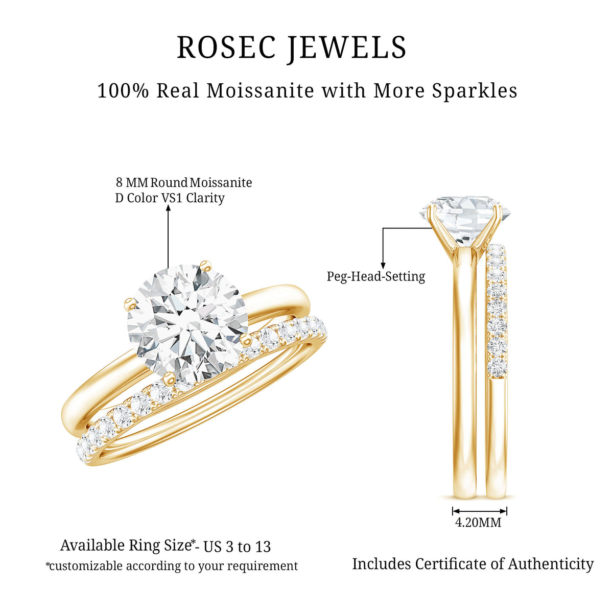 Round Shape Moissanite Solitaire Wedding Ring Set D-VS1 - Rosec Jewels