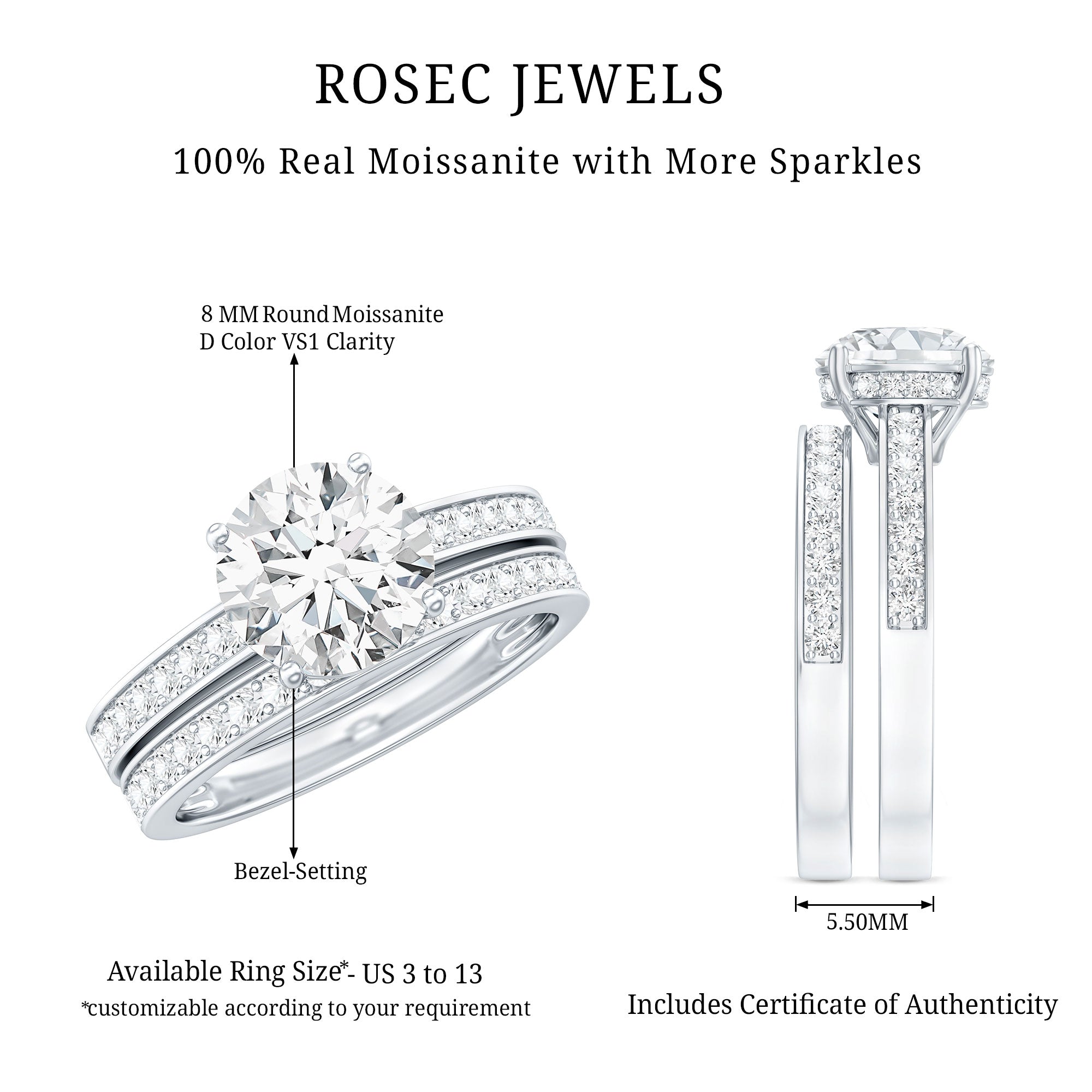 Certified 3 Carat Moissanite Wedding Bridal Ring Set in Sterling Silver D-VS1 92.5 Sterling Silver 7 - Rosec Jewels