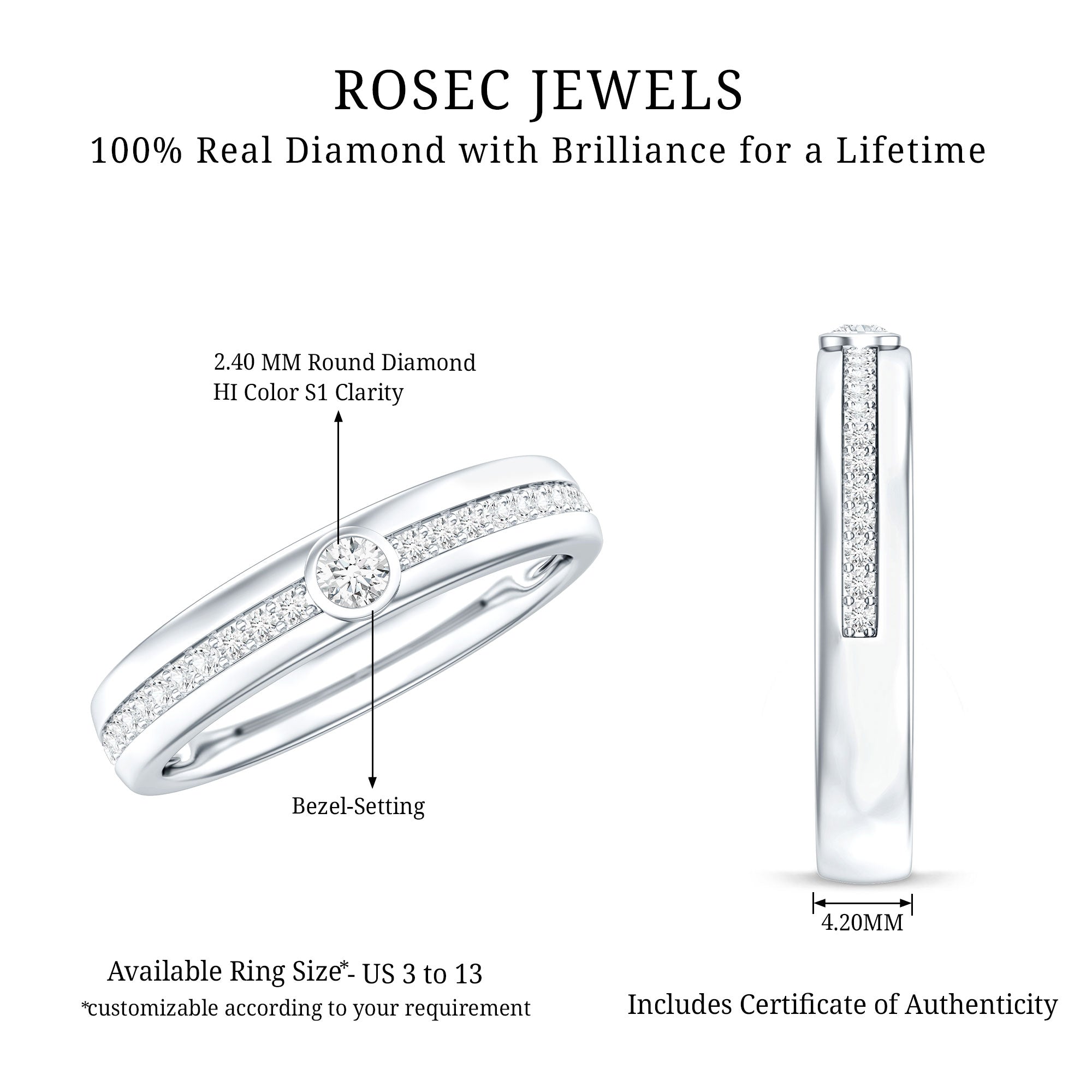 Bezel Set Diamond Unisex Wedding Band Natural - ( HI-SI ) - Rosec Jewels