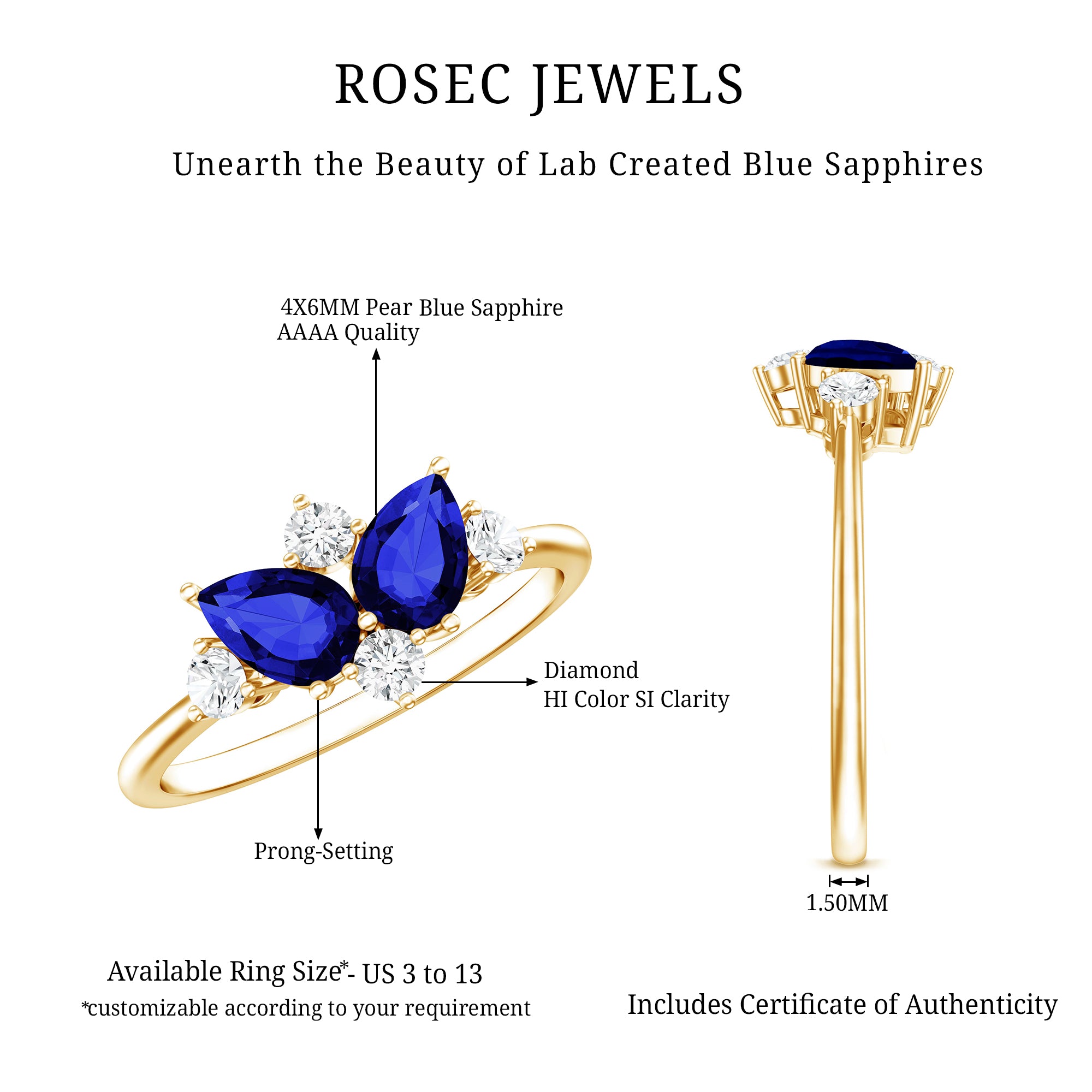 Lab Created Blue Sapphire and Diamond Cluster Ring AAAA - Rosec Jewels