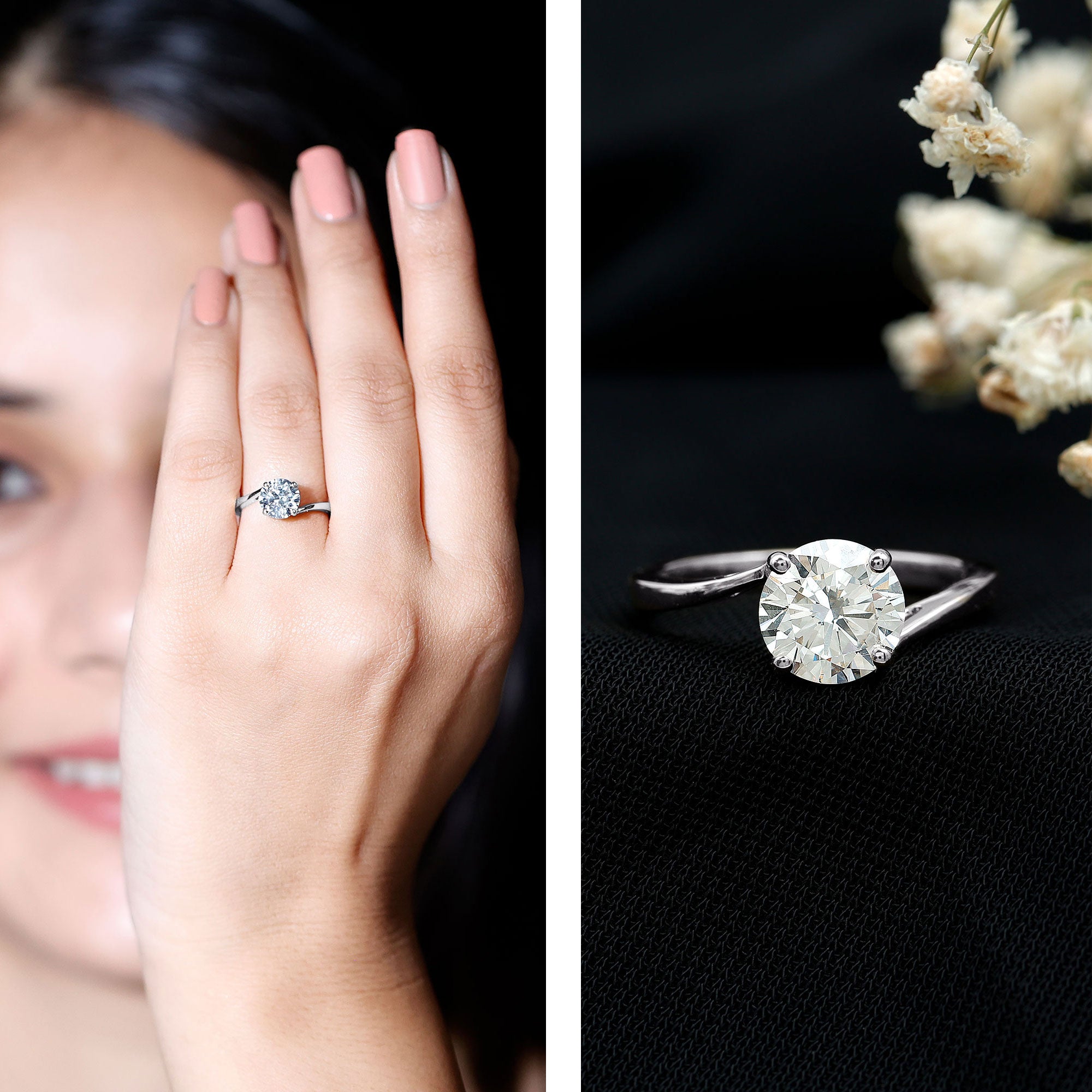 Certified Moissanite Solitaire Engagement Ring with Bypass Shank D-VS1 - Rosec Jewels