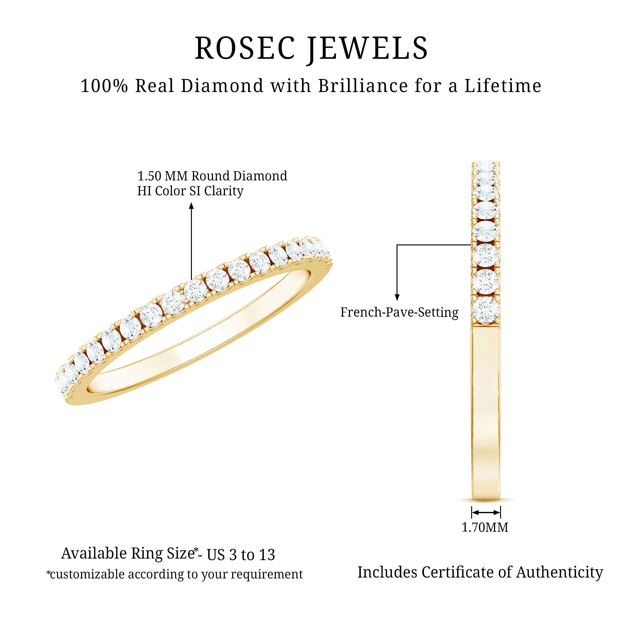French Pave Diamond Eternity Wedding Ring Natural - ( HI-SI ) - Rosec Jewels