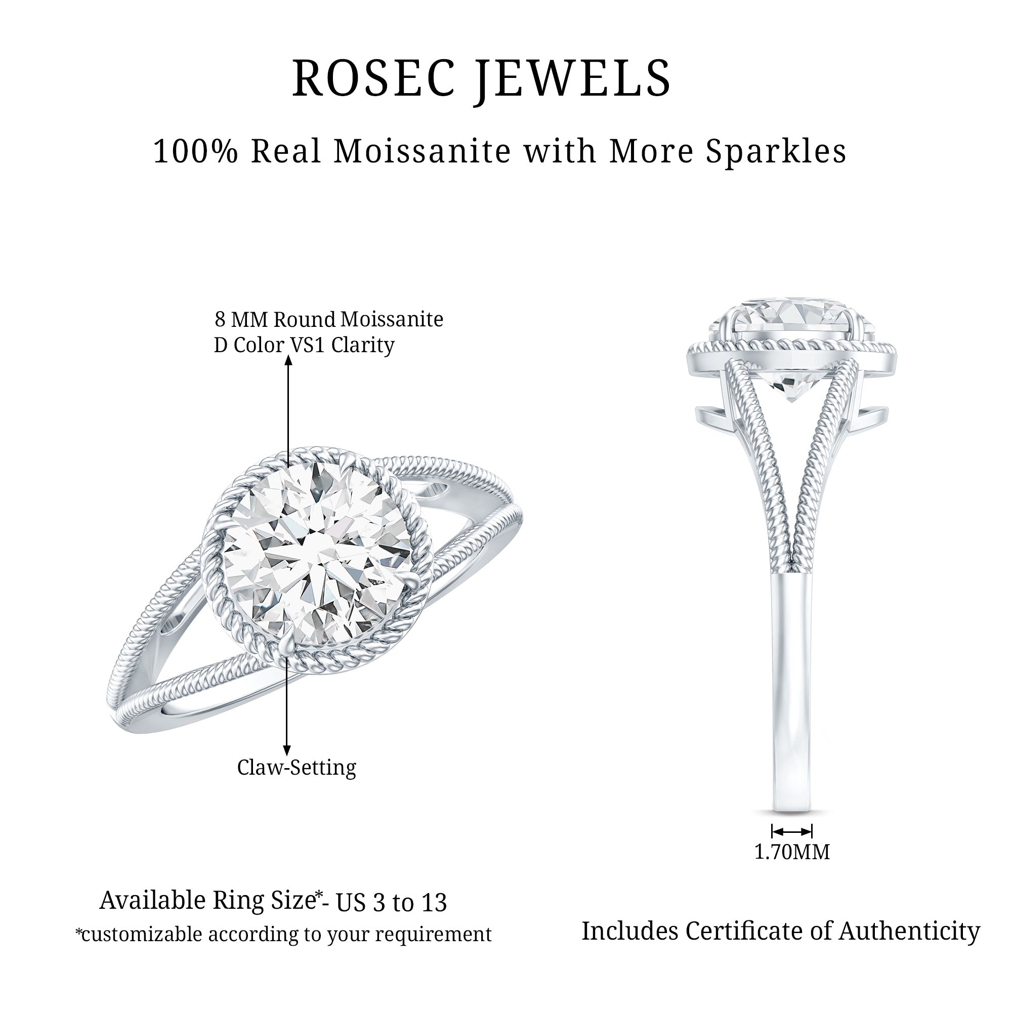 2 CT Round Cut Moissanite Solitaire Engagement Ring with Split Shank D-VS1 - Rosec Jewels