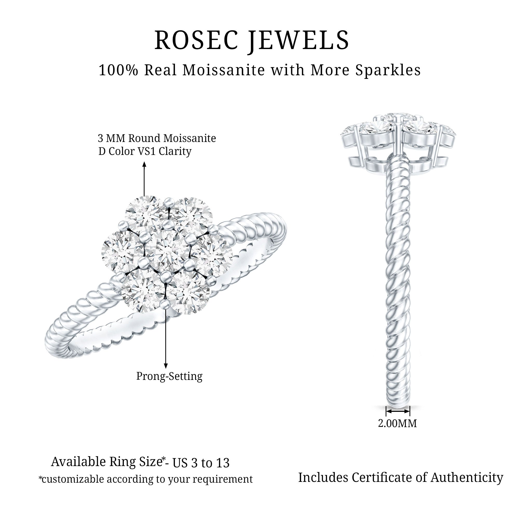Moissanite Flower Engagement with Twisted Rope Details D-VS1 - Rosec Jewels