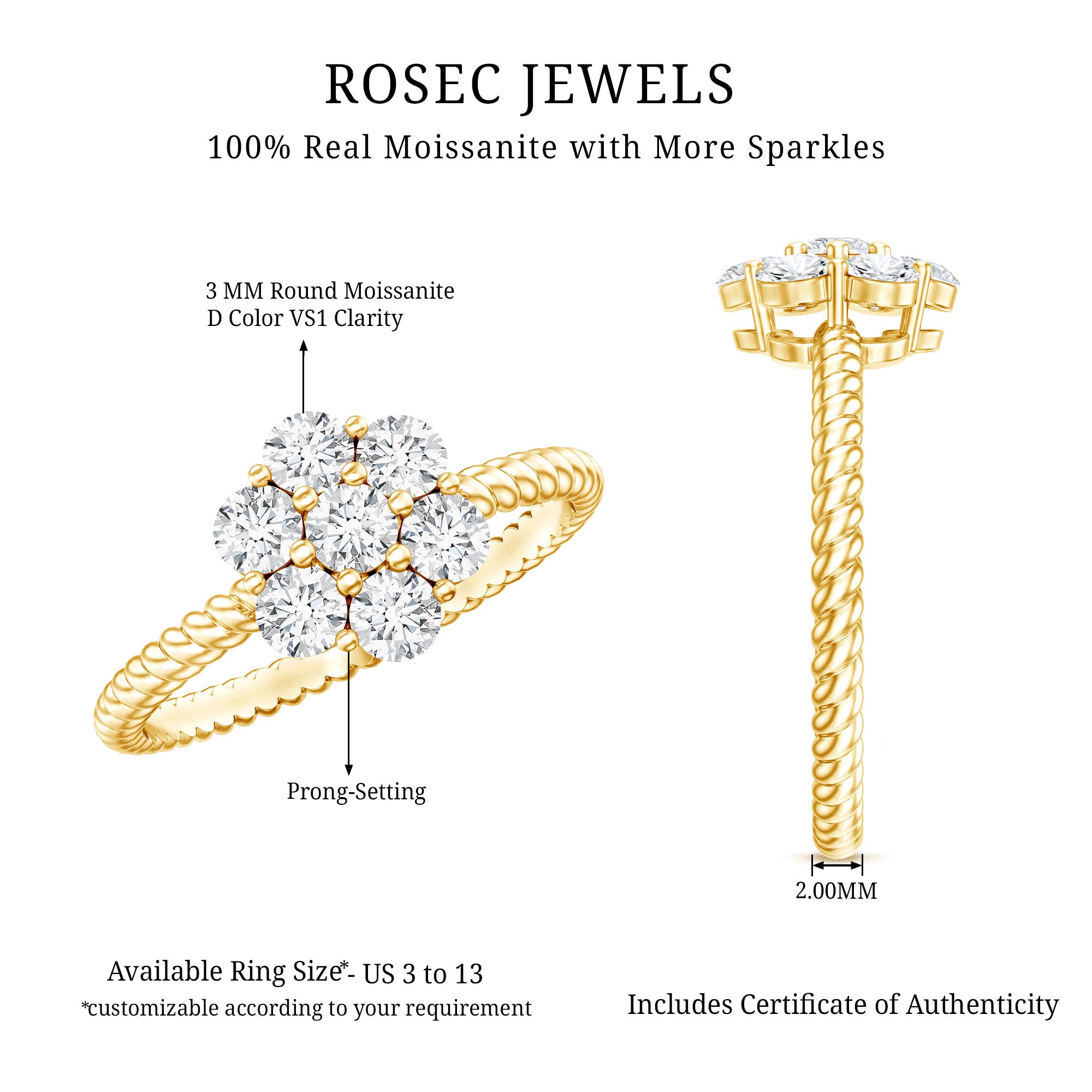 Moissanite Flower Engagement with Twisted Rope Details D-VS1 - Rosec Jewels