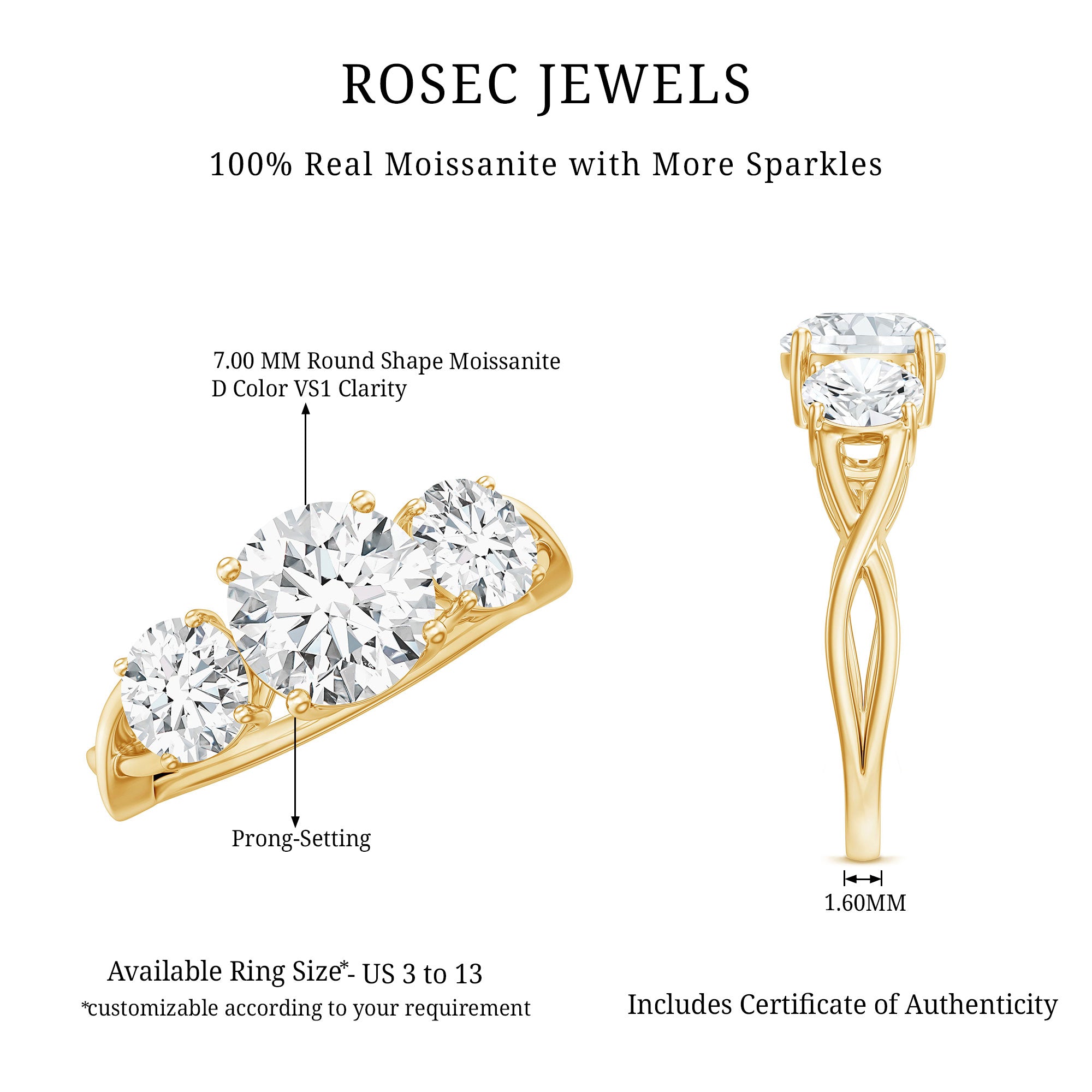 3 Stone Round Moissanite Crossover Engagement Ring D-VS1 - Rosec Jewels