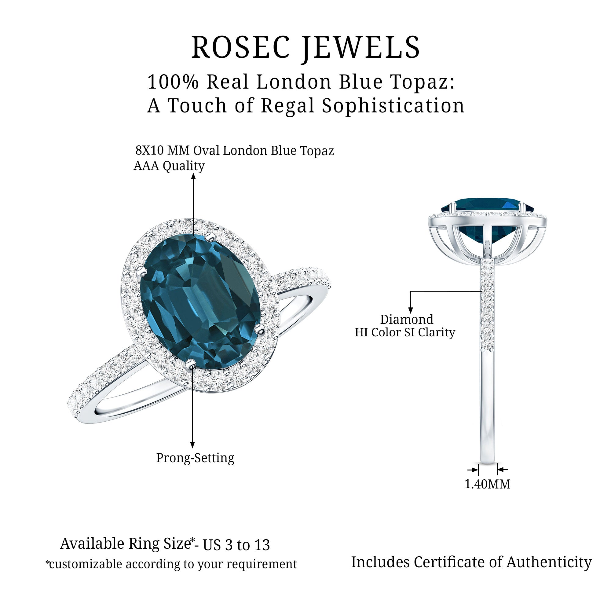 8X10mm Oval Cut London Blue Topaz Oblong Engagement Ring with Diamond Halo AAA - Rosec Jewels