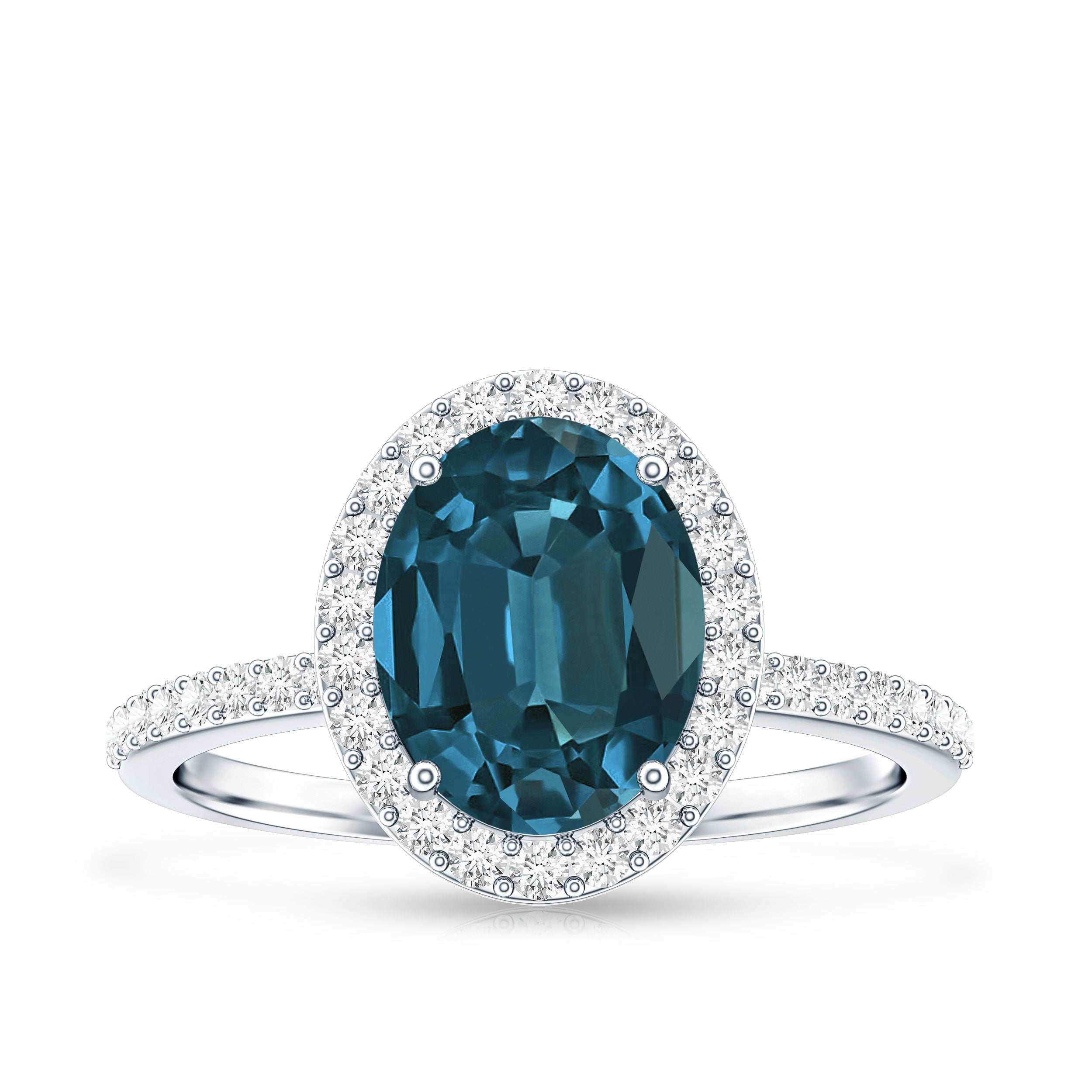 8X10mm Oval Cut London Blue Topaz Oblong Engagement Ring with Diamond Halo AAA - Rosec Jewels