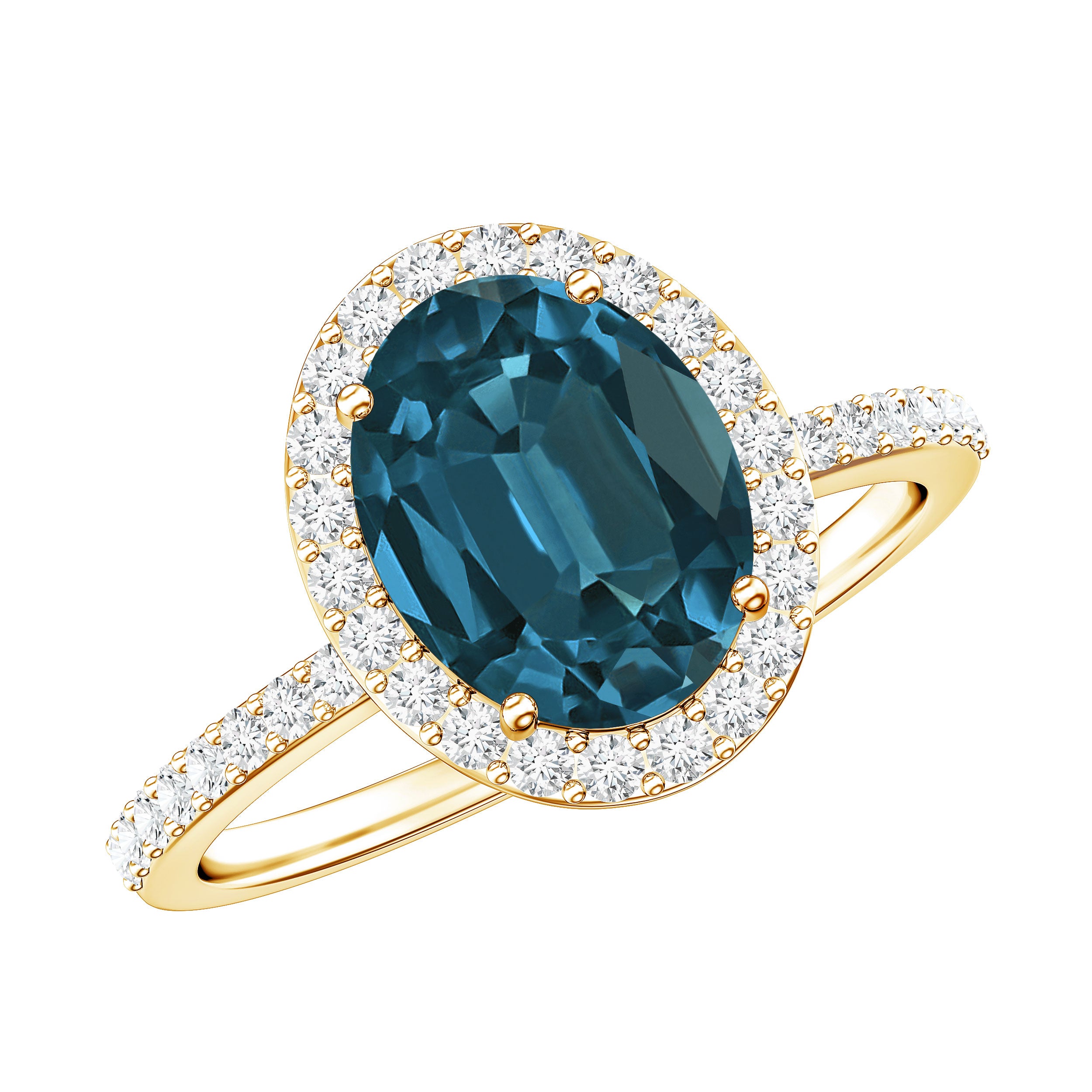8X10mm Oval Cut London Blue Topaz Oblong Engagement Ring with Diamond Halo AAA - Rosec Jewels