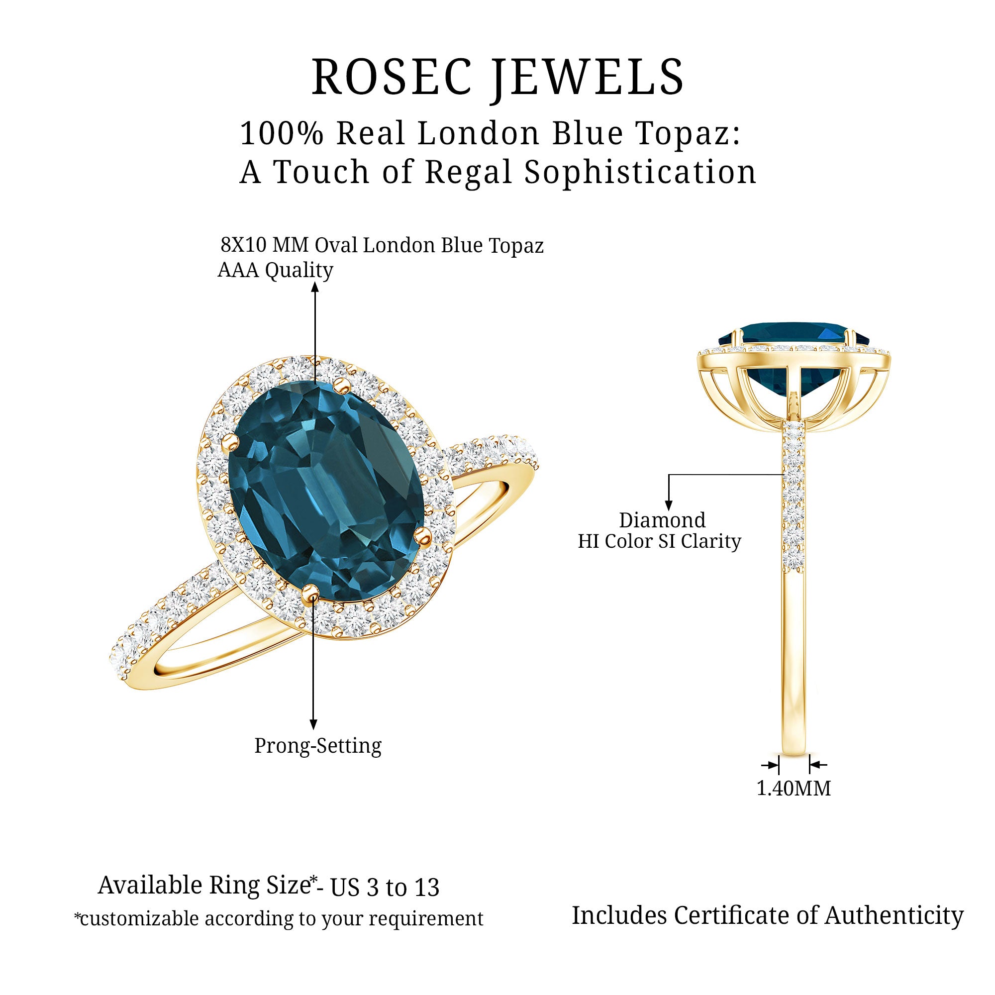 8X10mm Oval Cut London Blue Topaz Oblong Engagement Ring with Diamond Halo AAA - Rosec Jewels