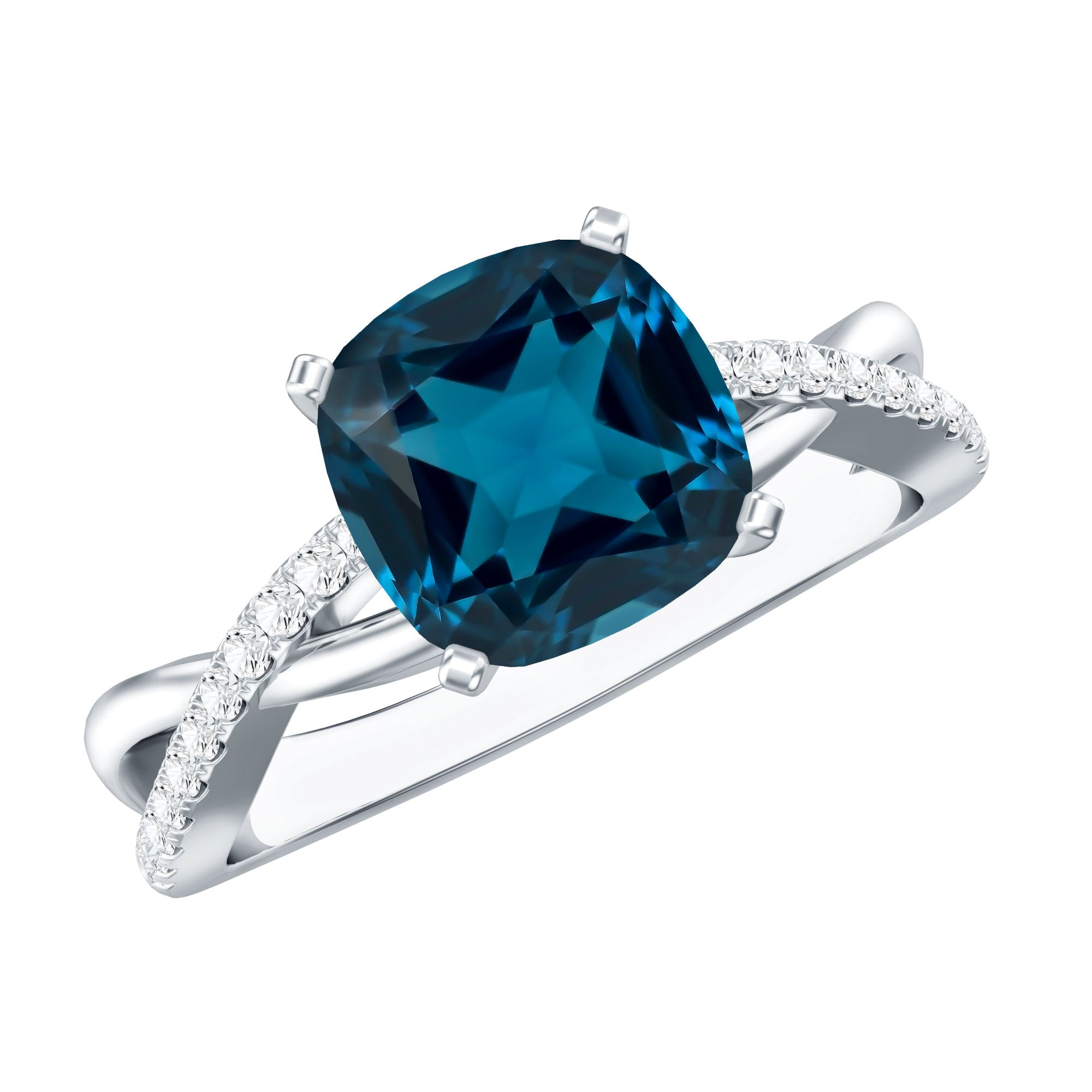 2.8 Carat Cushion Cut London Blue Topaz Solitaire Engagement Ring with Diamond Crossover Shank AAA - Rosec Jewels
