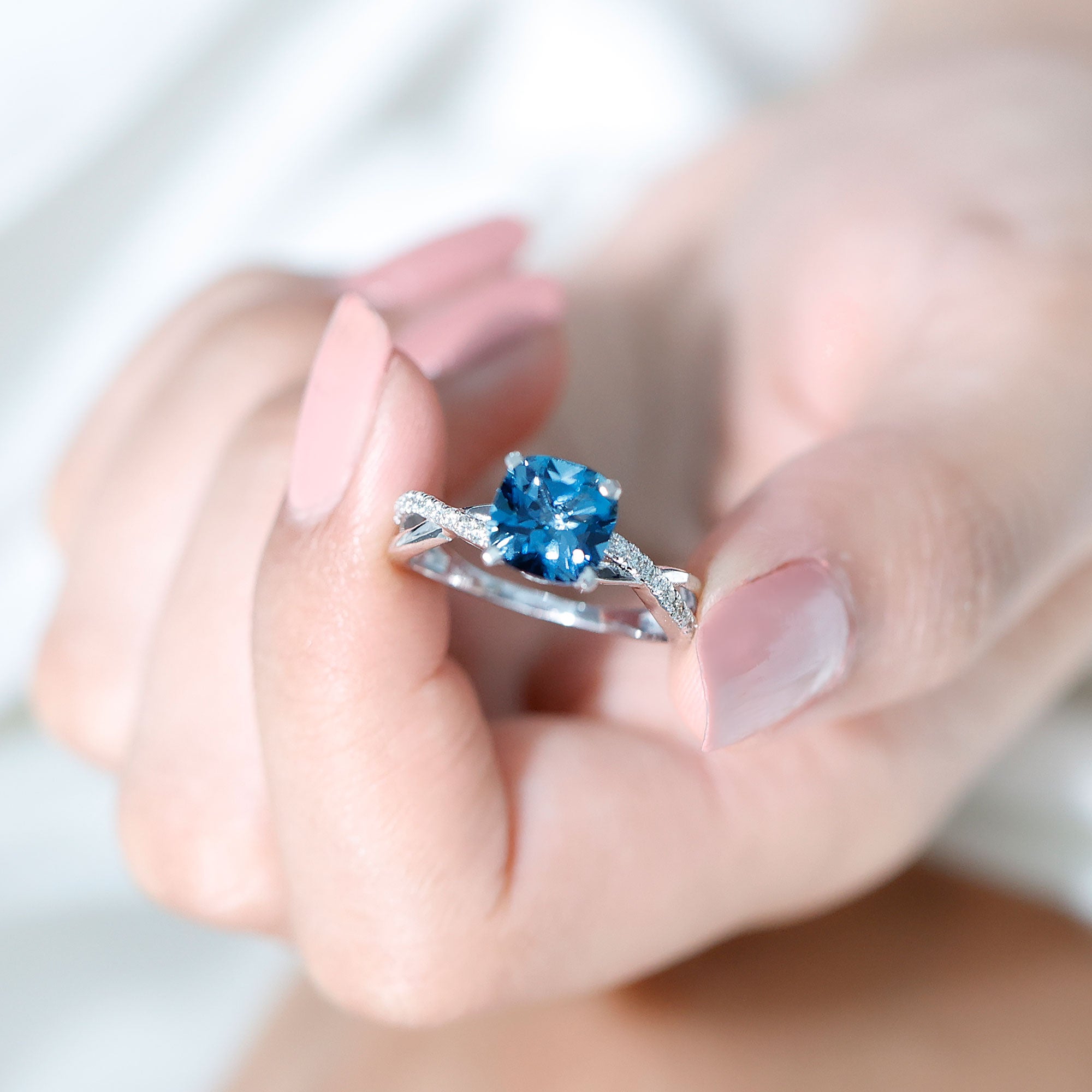 8mm Cushion Cut London Blue Topaz Solitaire Engagement Ring with Diamond Crossover Shank AAA - Rosec Jewels