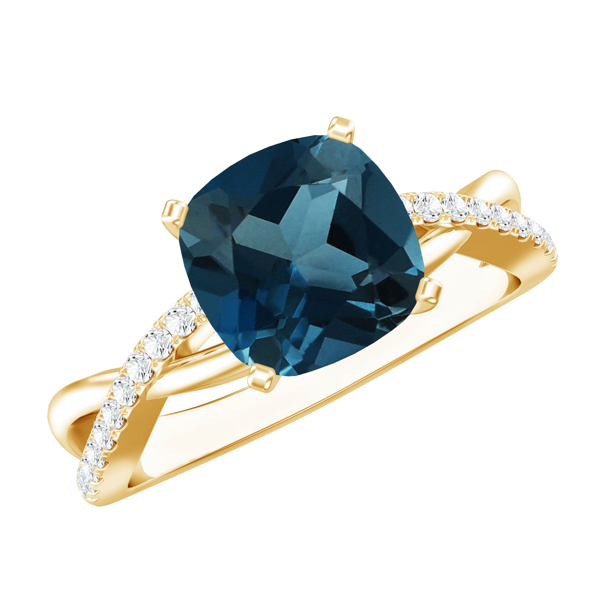8mm Cushion Cut London Blue Topaz Solitaire Engagement Ring with Diamond Crossover Shank AAA - Rosec Jewels