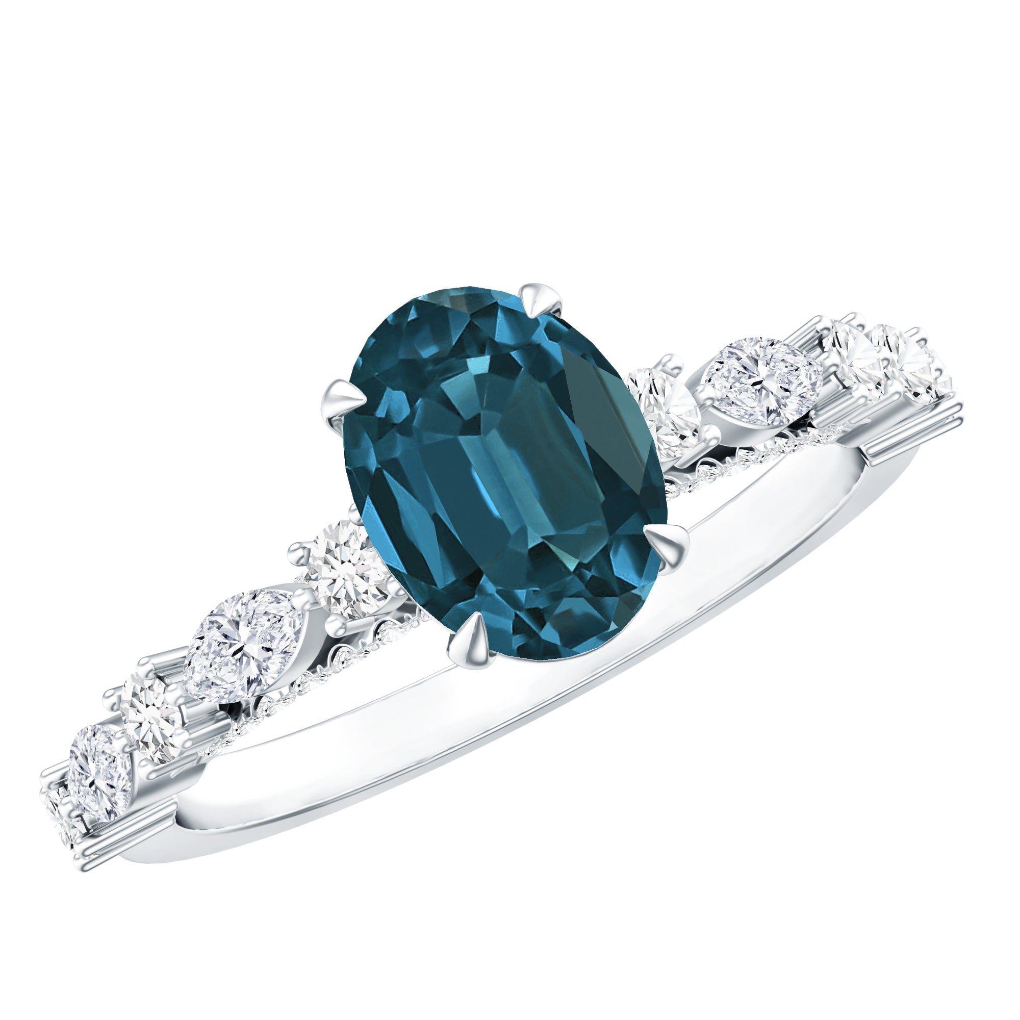 6X8mm Oval Cut London Blue Topaz Vintage Engagement Ring with Real Diamond AAA - Rosec Jewels