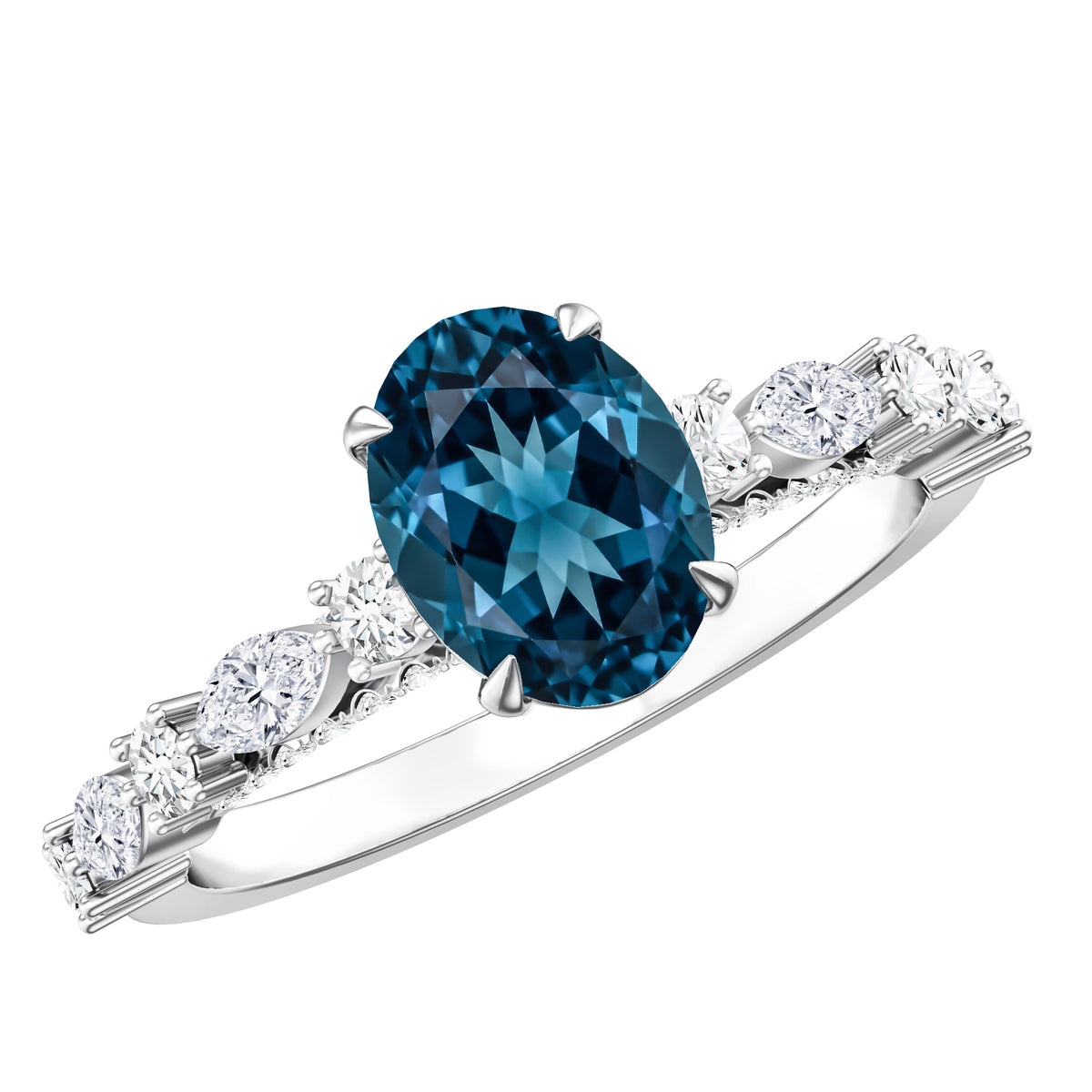 1 Carat Oval Cut London Blue Topaz Engagement Ring with Diamond Accent AAA - Rosec Jewels
