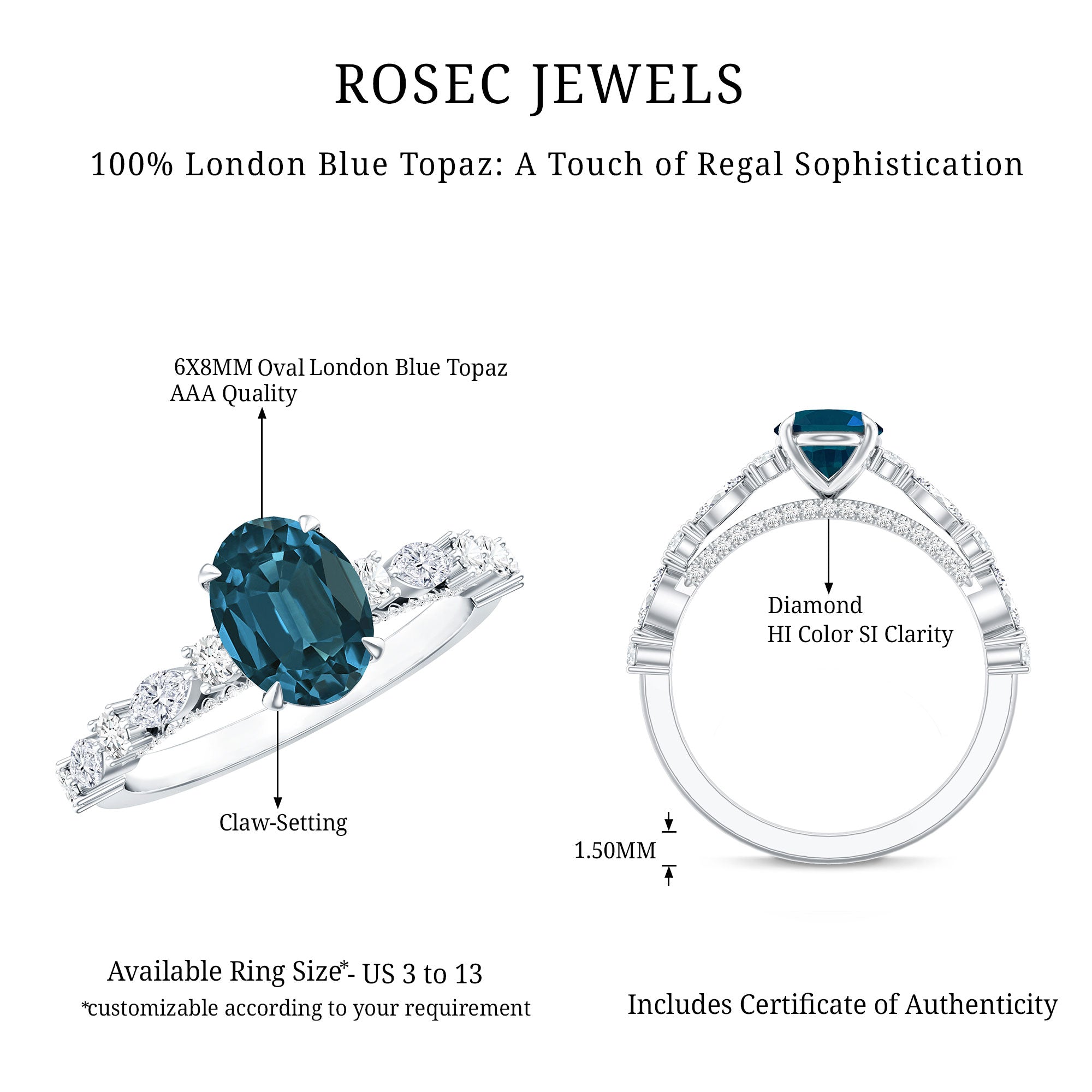 6X8mm Oval Cut London Blue Topaz Vintage Engagement Ring with Real Diamond AAA - Rosec Jewels